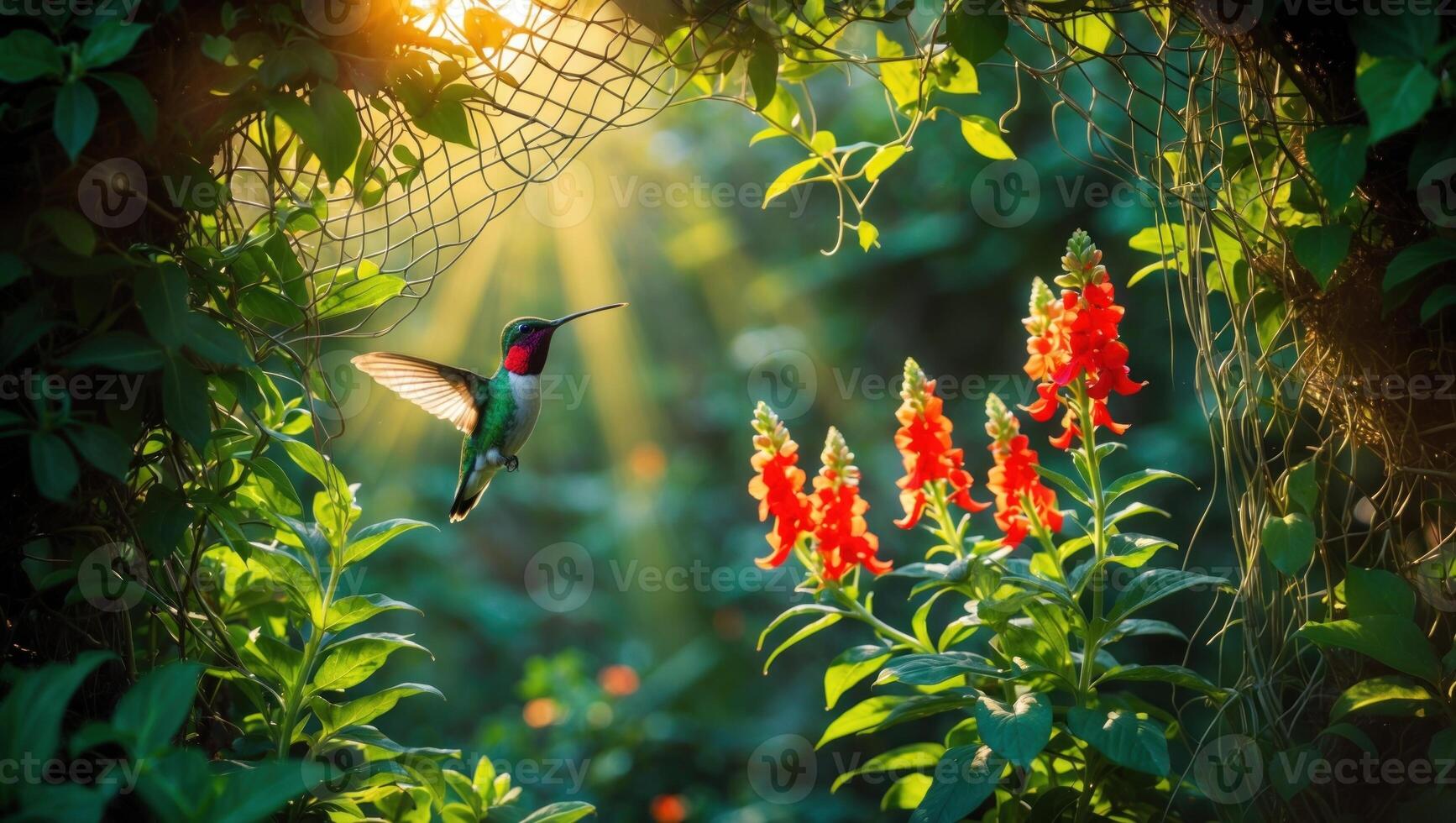 A vibrant hummingbird hovering near bright red flowers in a lush, sunlit garden surrounded by greenery photo
