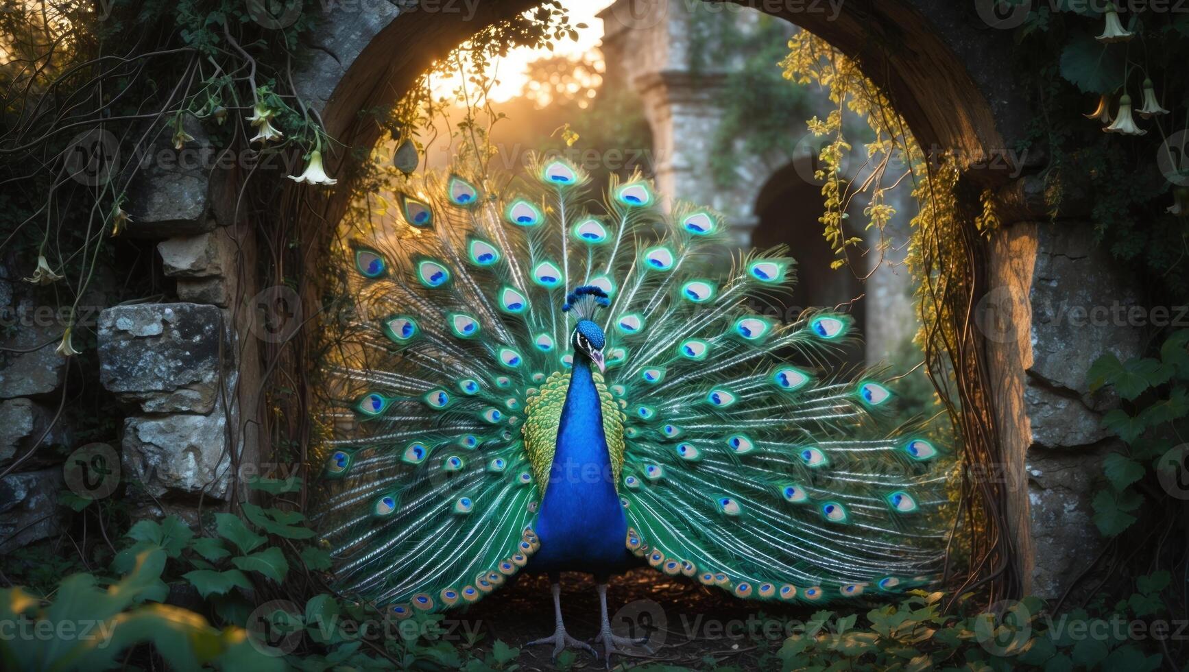 Majestic peacock displaying its vibrant feathers in a sunlit archway surrounded by lush greenery photo