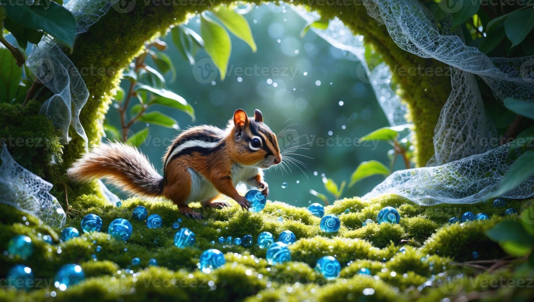 A chipmunk playfully gathers sparkling blue orbs in a lush, green forest setting photo