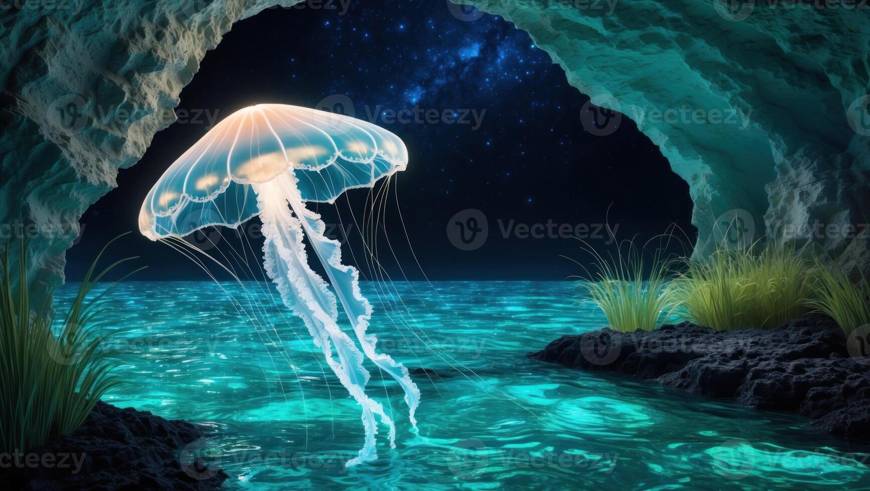 Ethereal jellyfish gracefully swims in a luminous underwater cave, surrounded by glowing waters and starry sky photo