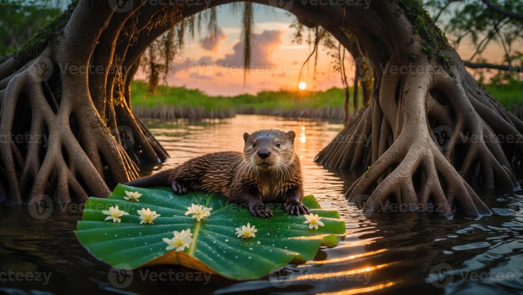Playful otter lounging on a lily pad surrounded by serene water and sunset in a lush wetland photo