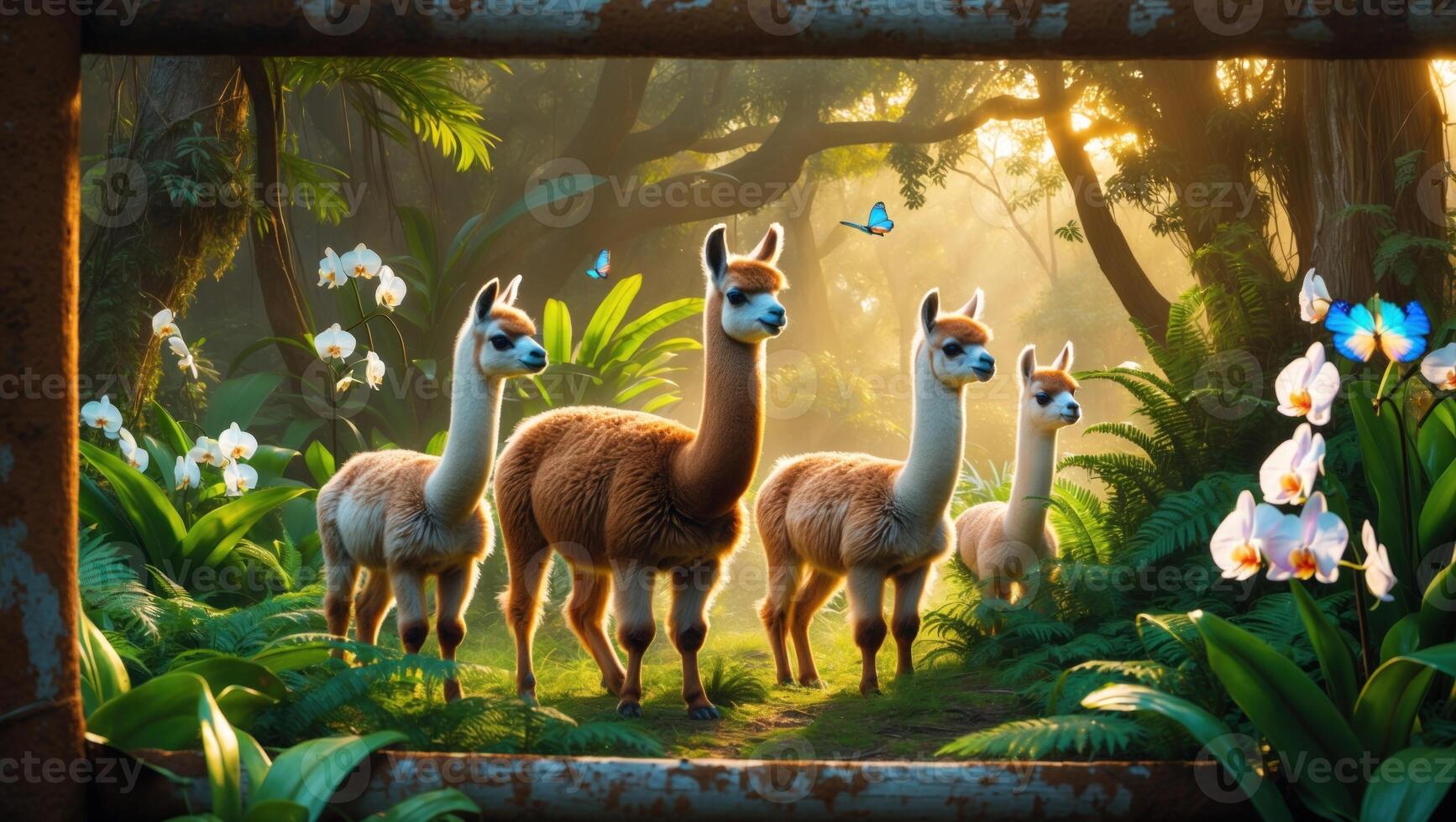 Four llamas standing in a lush jungle with butterflies and flowers, sunlight filtering through trees photo