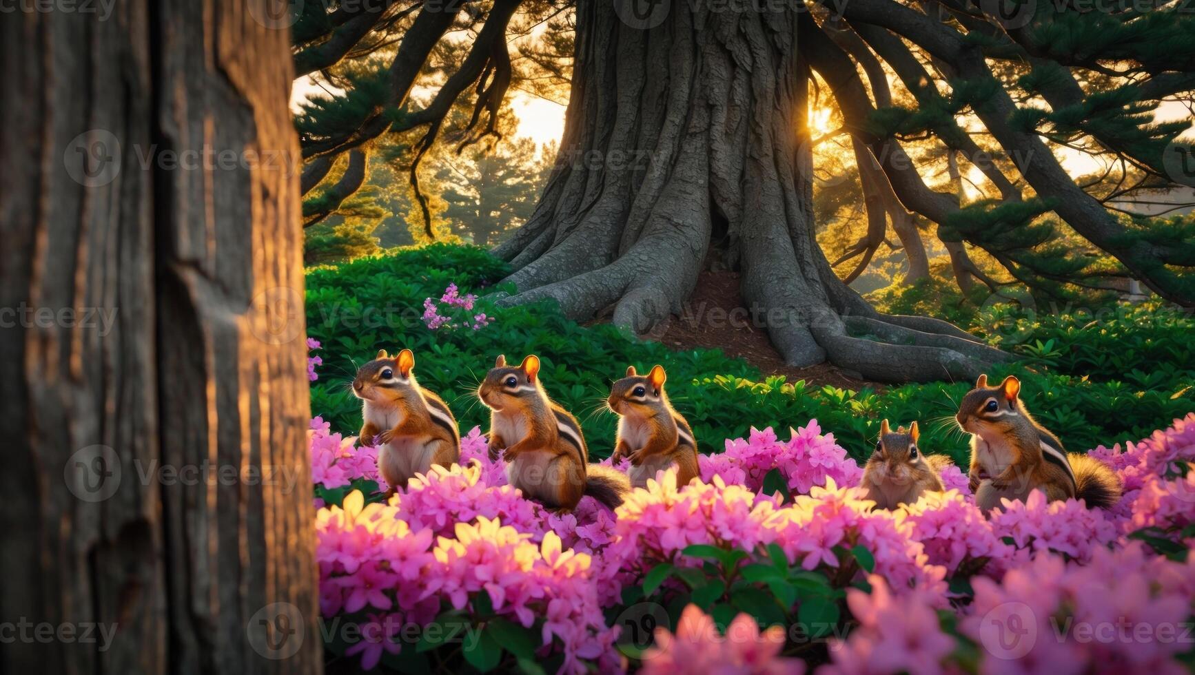 Squirrels Gather Among Vibrant Pink Flowers Under a Majestic Tree at Sunset in a Serene Garden photo