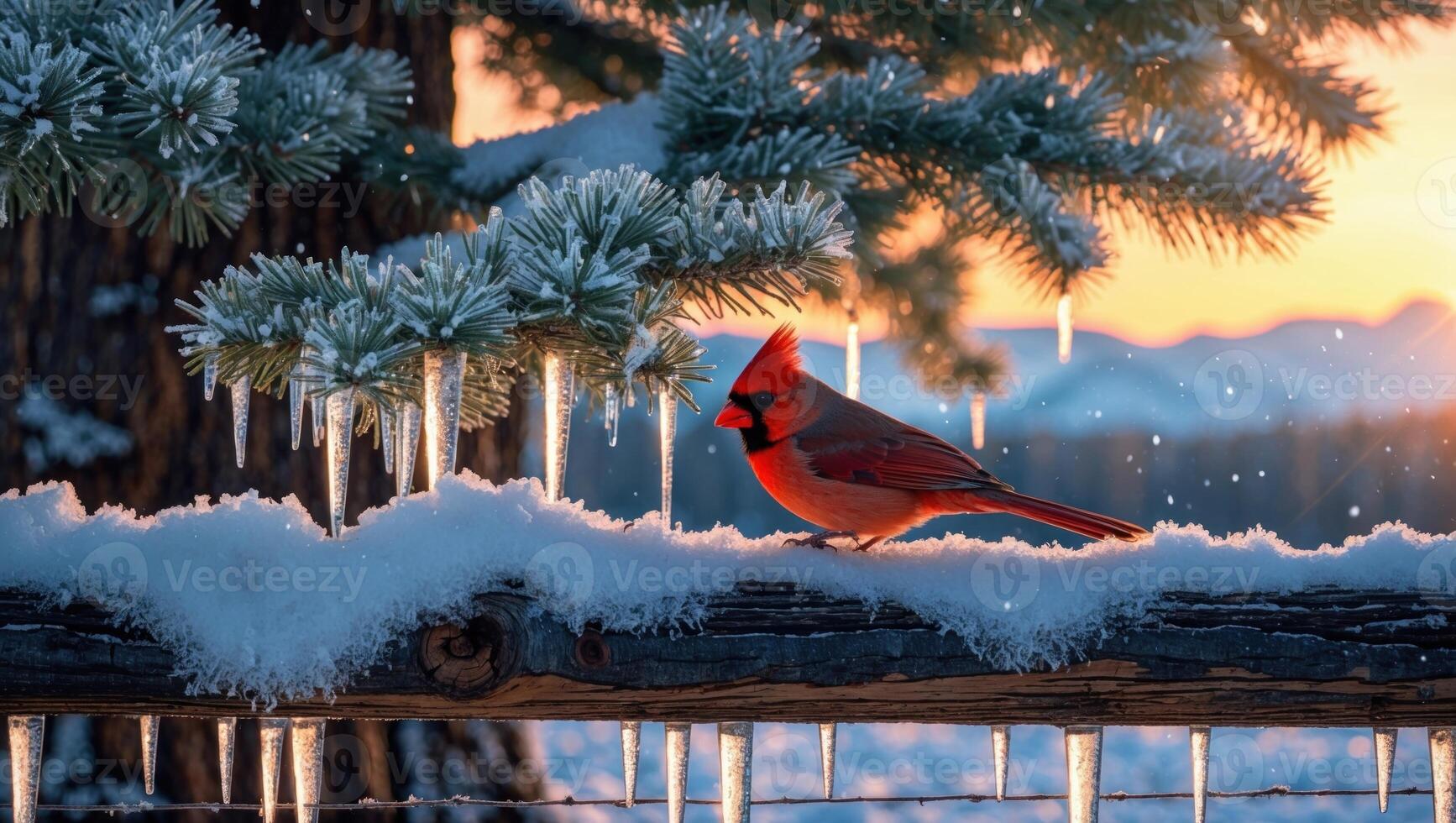 Vibrant red cardinal perched on a snowy fence with icicles, surrounded by evergreen trees at sunset photo