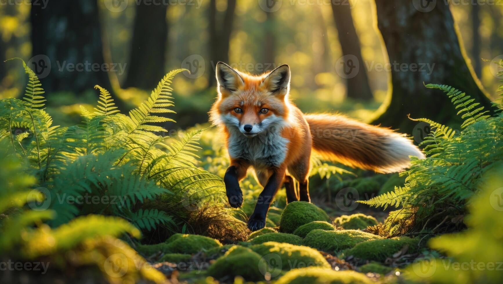 A vibrant red fox gracefully trots through a sunlit forest, surrounded by lush ferns and moss photo