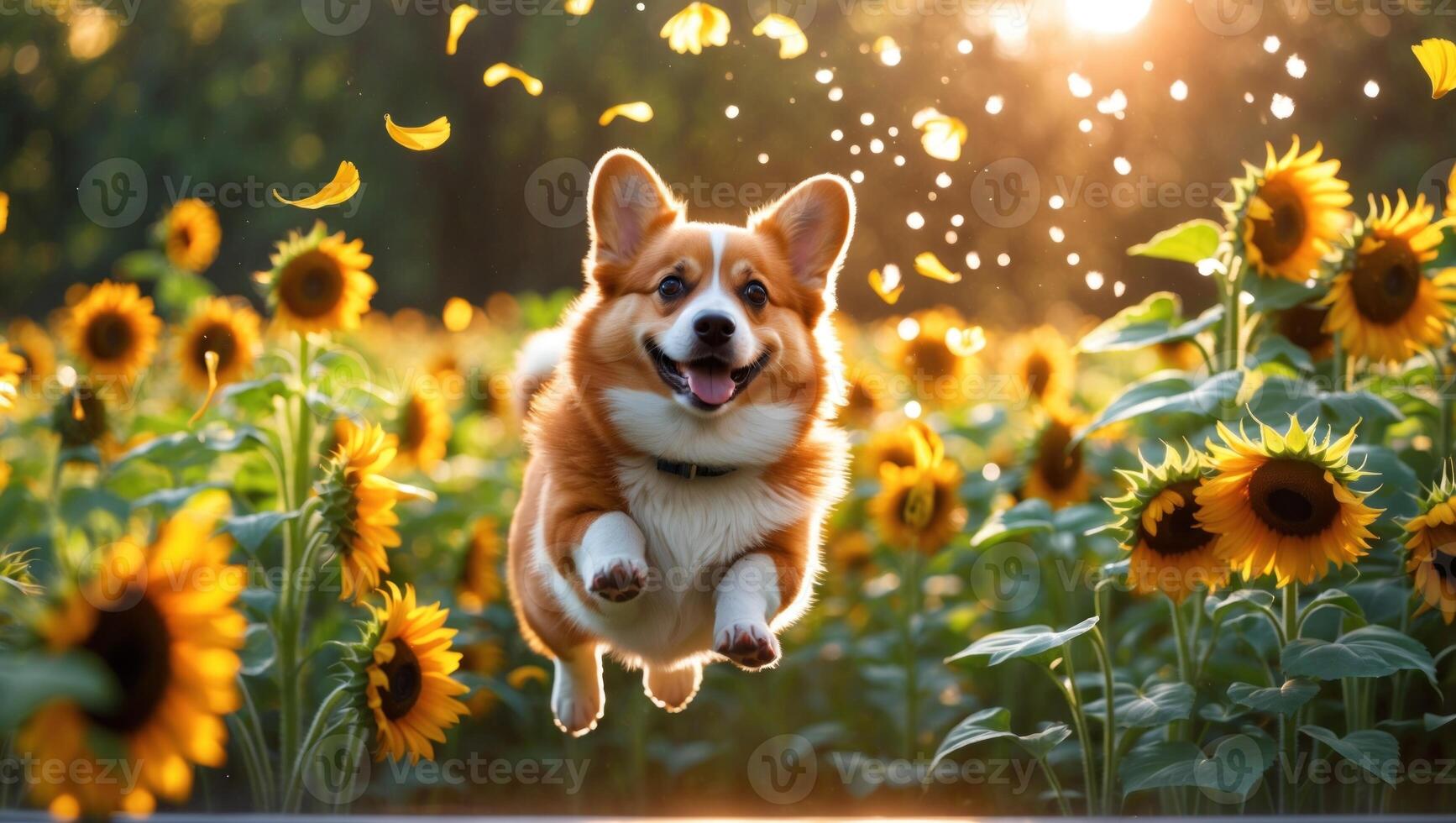 Happy corgi dog joyfully leaping through a field of sunflowers during a sunny afternoon photo