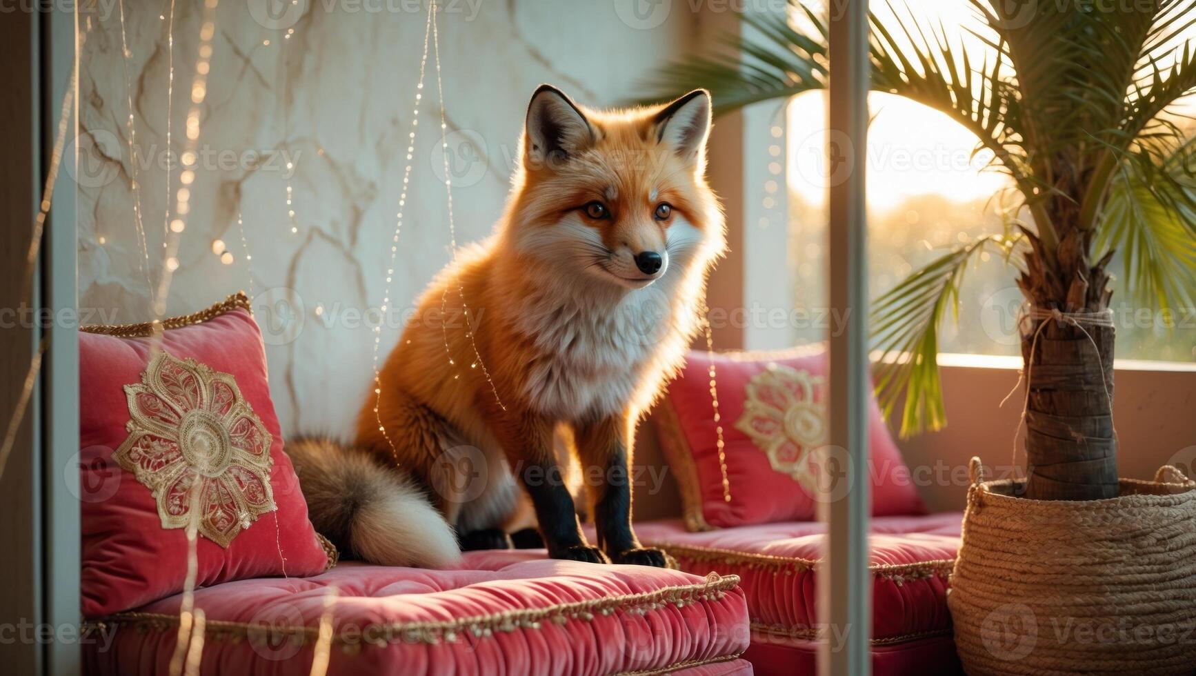 A majestic fox resting on a plush sofa in a sunlit room with greenery in the background photo