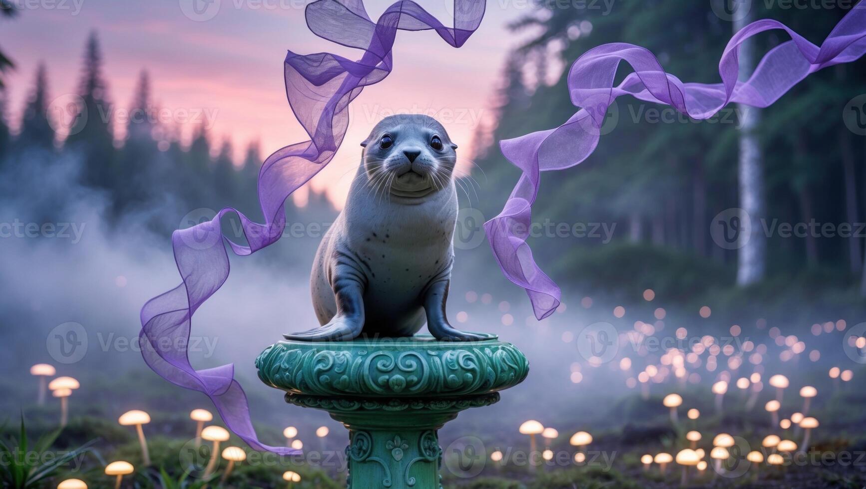 A serene seal perched on an ornate pedestal surrounded by glowing mushrooms and swirling ribbons in a misty forest photo