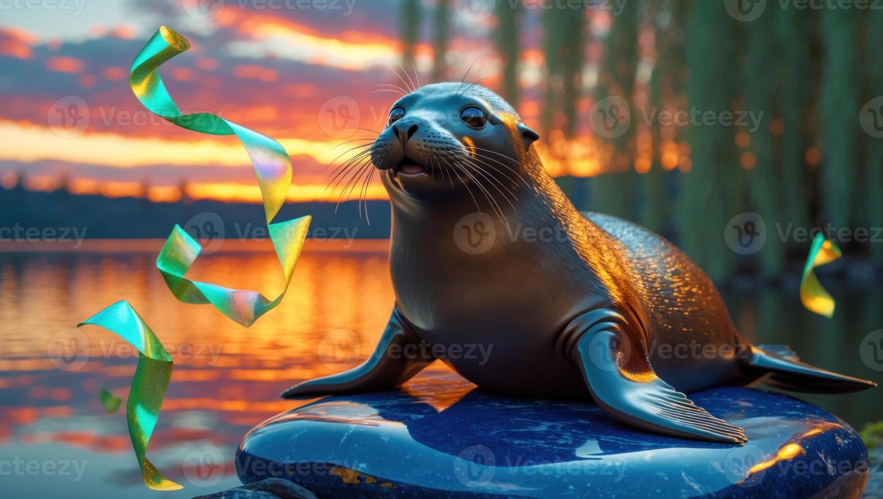 Playful seal resting on a rock by a serene lake at sunset, with colorful ribbons floating nearby photo