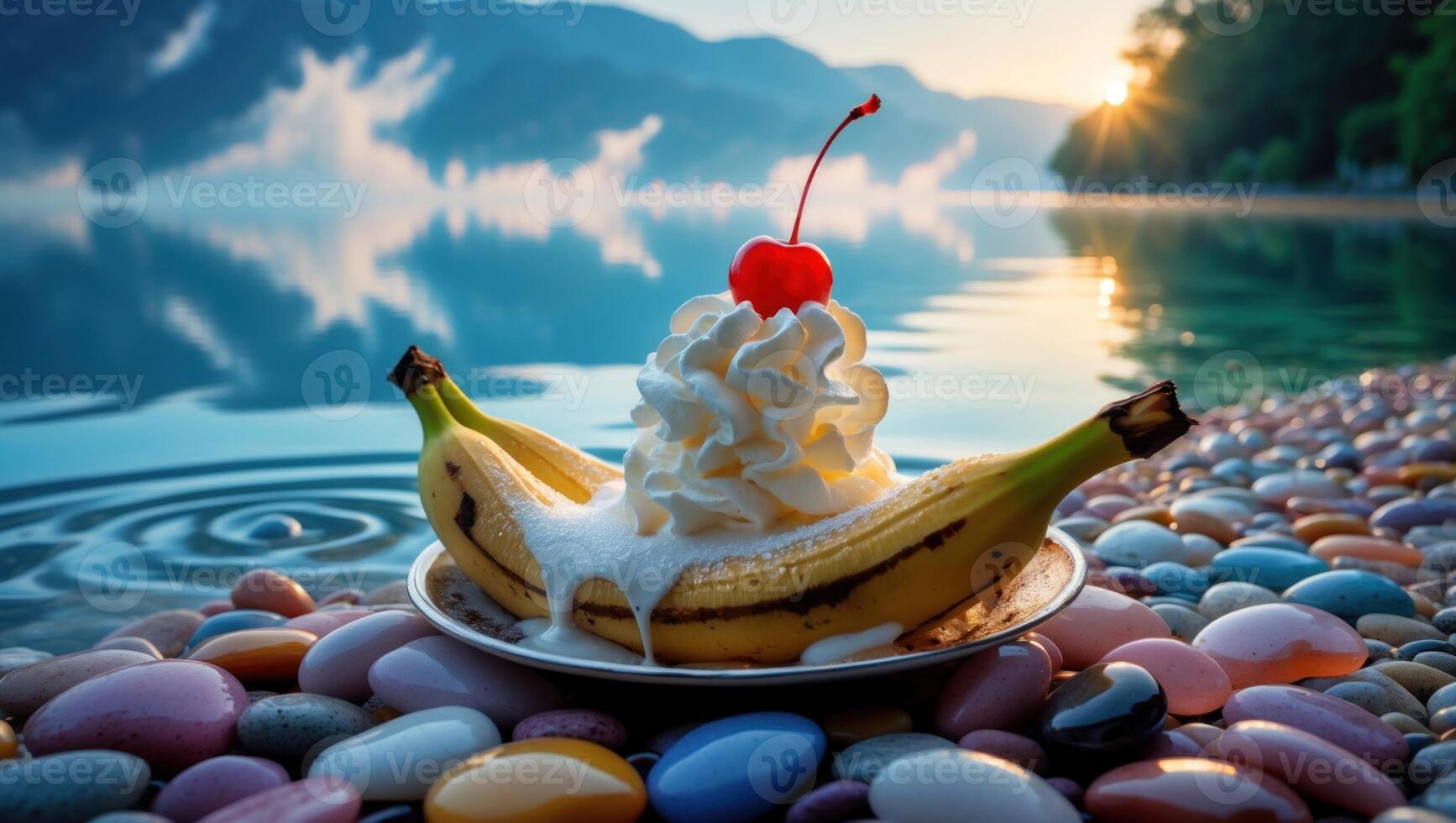 A delectable dessert of bananas topped with whipped cream and a cherry, set by a serene lakeside at sunset photo
