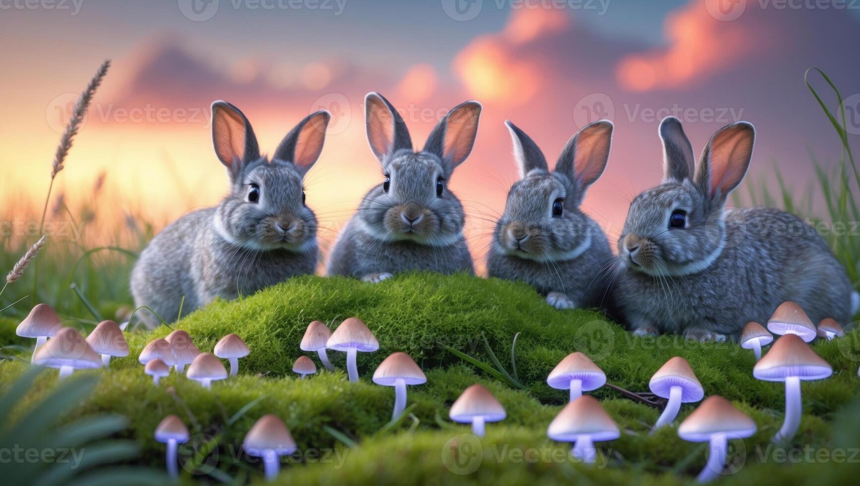 Four adorable rabbits sitting on a grassy hill surrounded by glowing mushrooms at sunset photo