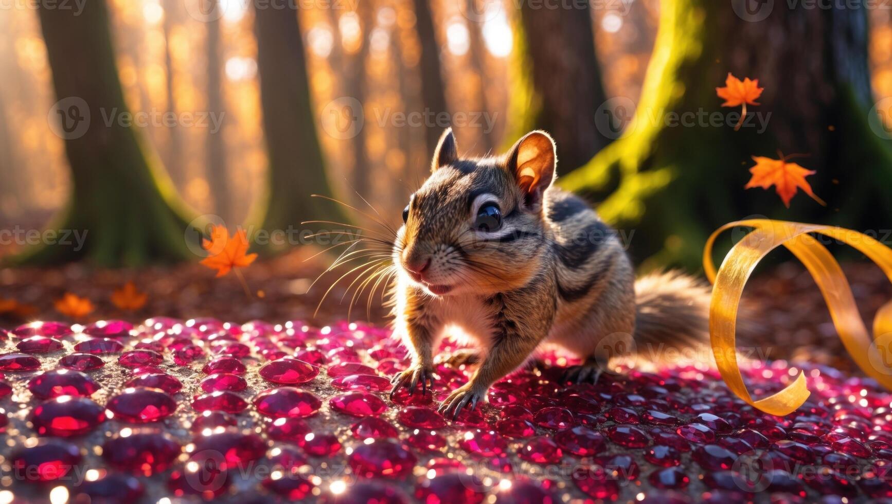 A curious chipmunk exploring a vibrant forest adorned with autumn leaves and sparkling gems photo