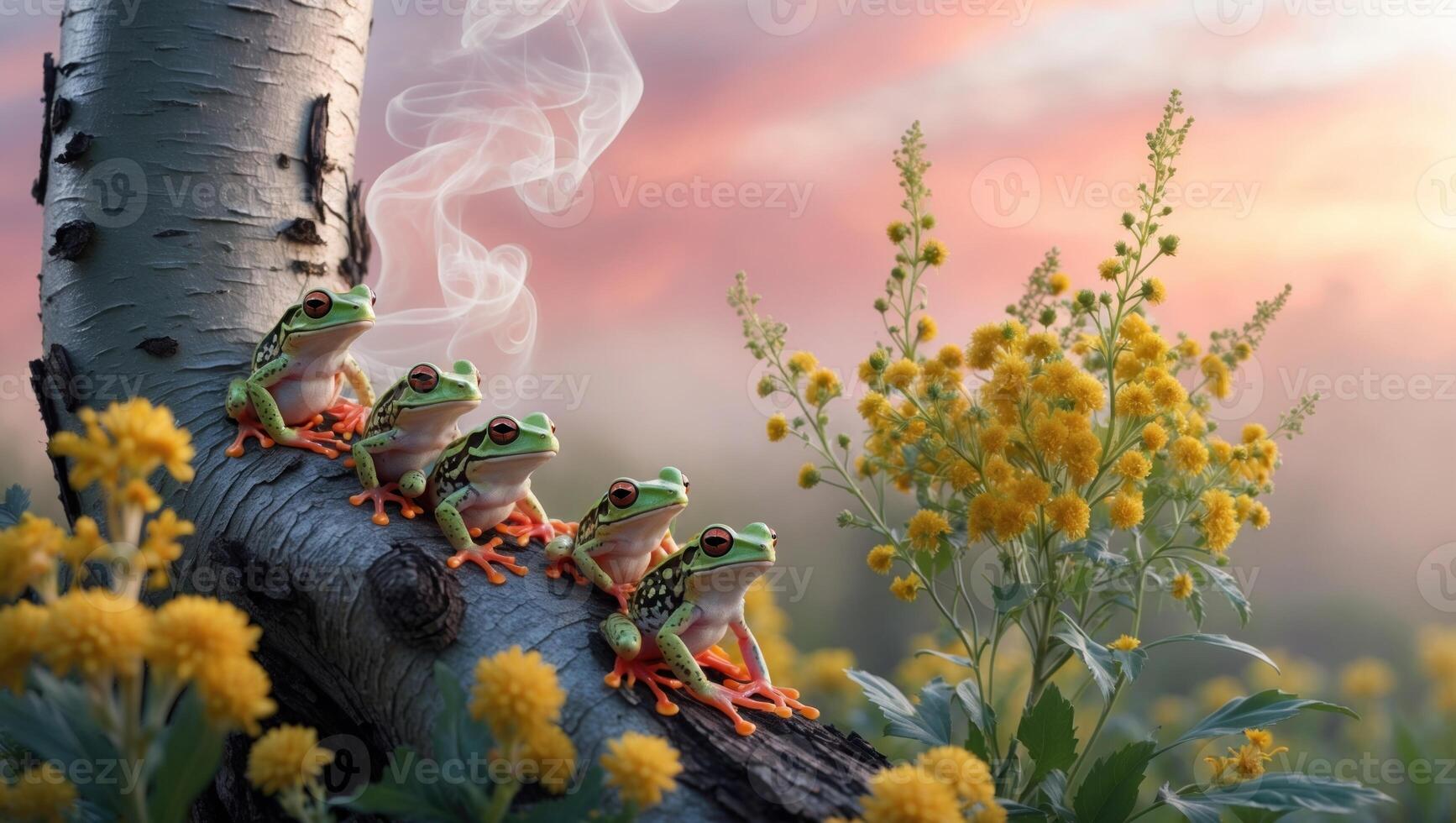 A vibrant group of frogs perched on a tree trunk amidst colorful flowers, with a sunset backdrop photo