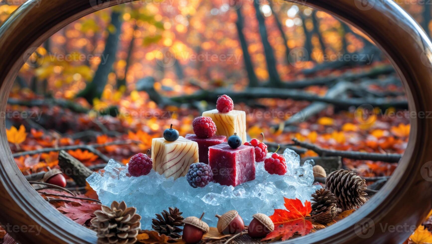 A vibrant autumn scene featuring a colorful cheese display on ice surrounded by fallen leaves and pine cones photo