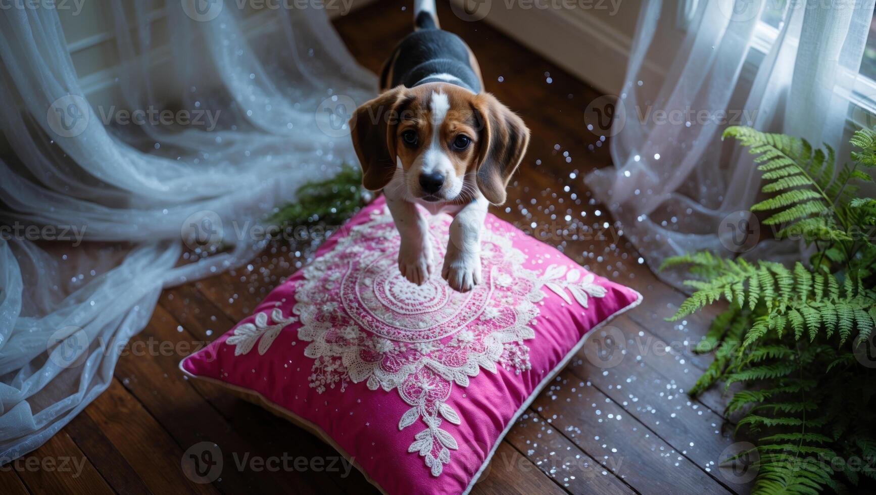 Playful beagle puppy jumping on a decorative pink pillow surrounded by soft curtains and ferns photo