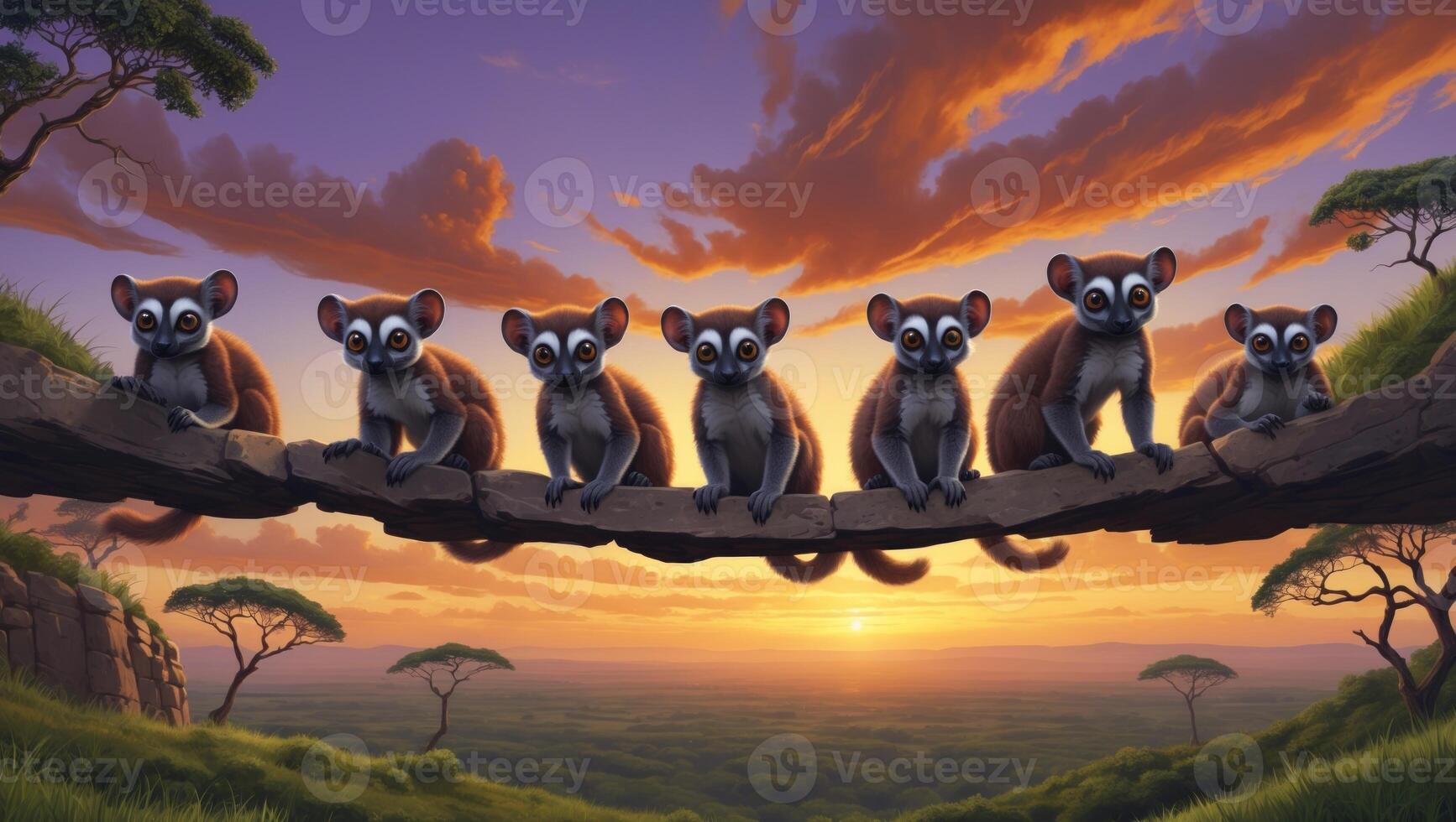 Seven playful creatures perched on a branch during sunset, surrounded by a vibrant landscape photo