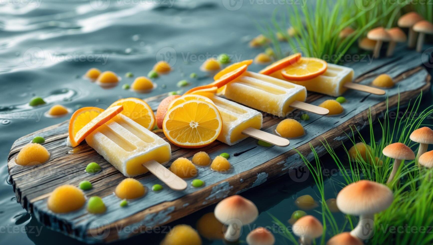 Refreshing orange popsicles arranged on a rustic wooden board by a serene water body with greenery photo