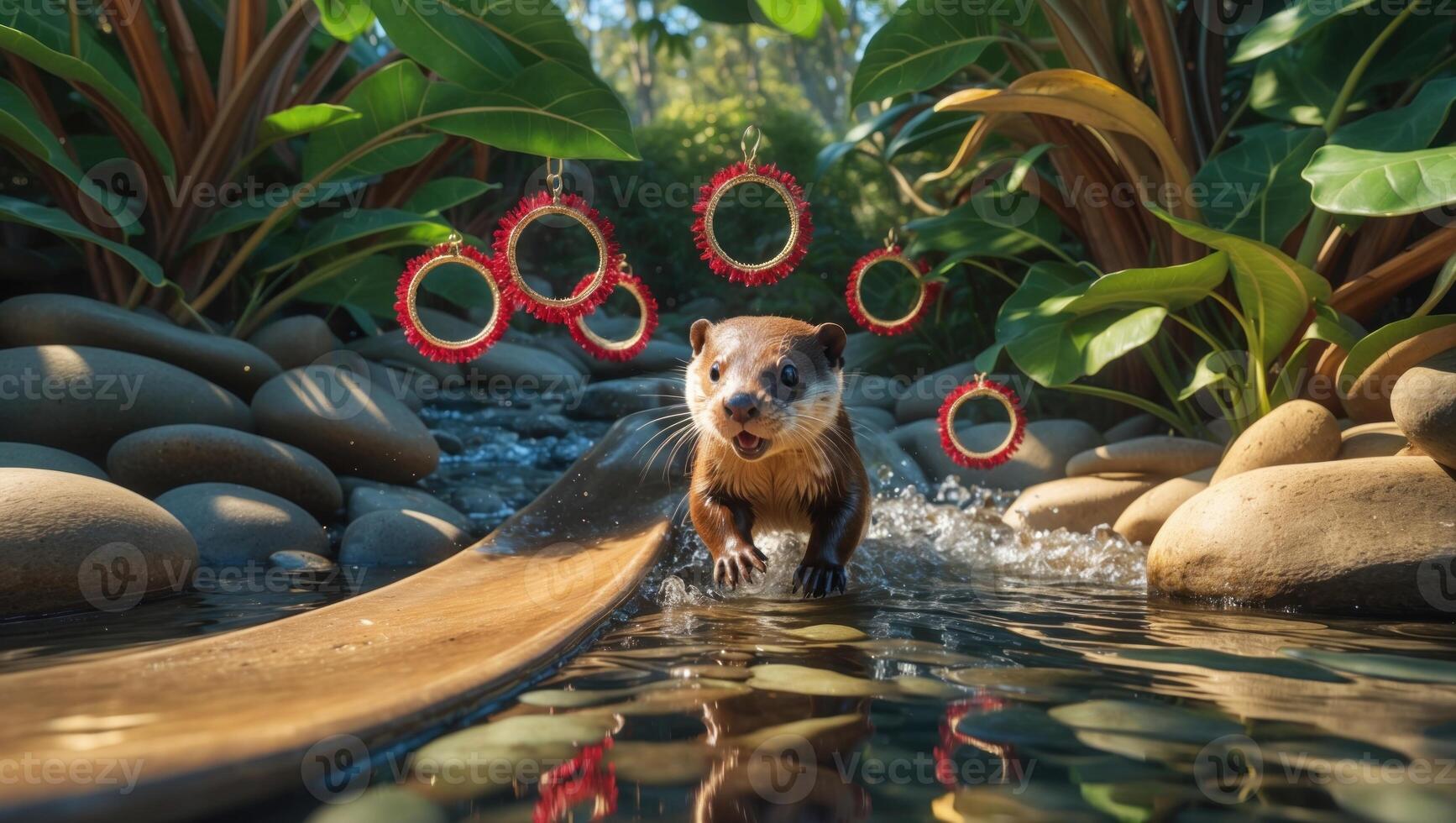 Playful otter sliding down a wooden ramp into a sparkling stream surrounded by lush greenery photo