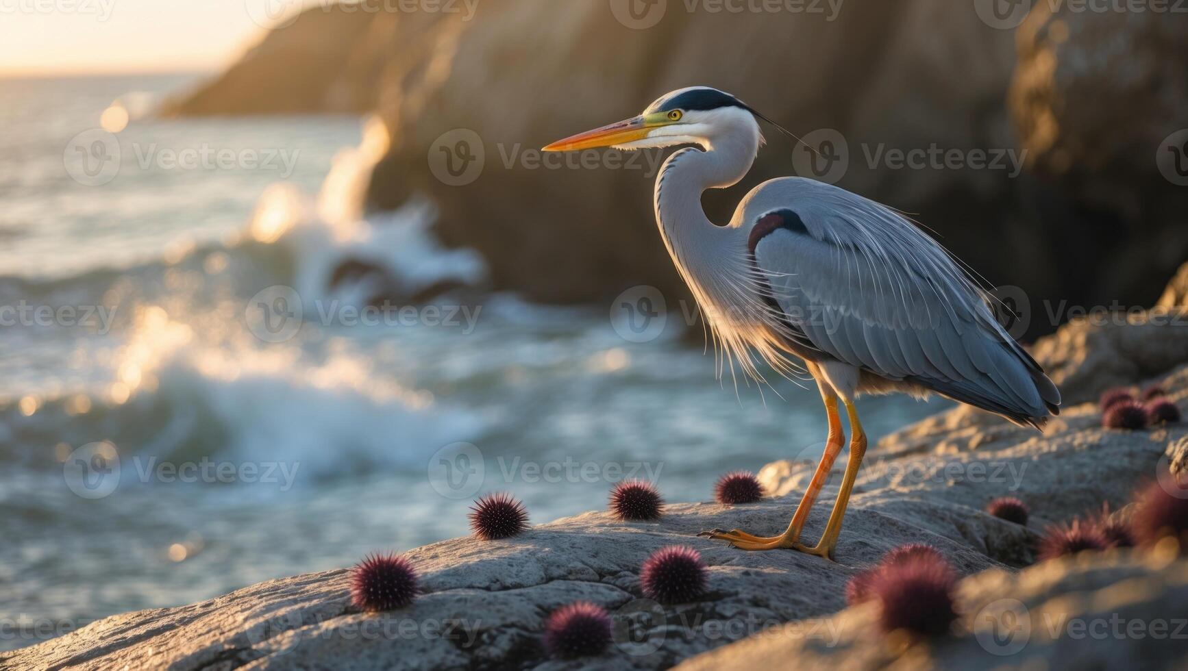Heron perched on rocky shore at sunset, waves crashing in background with sea urchins scattered photo