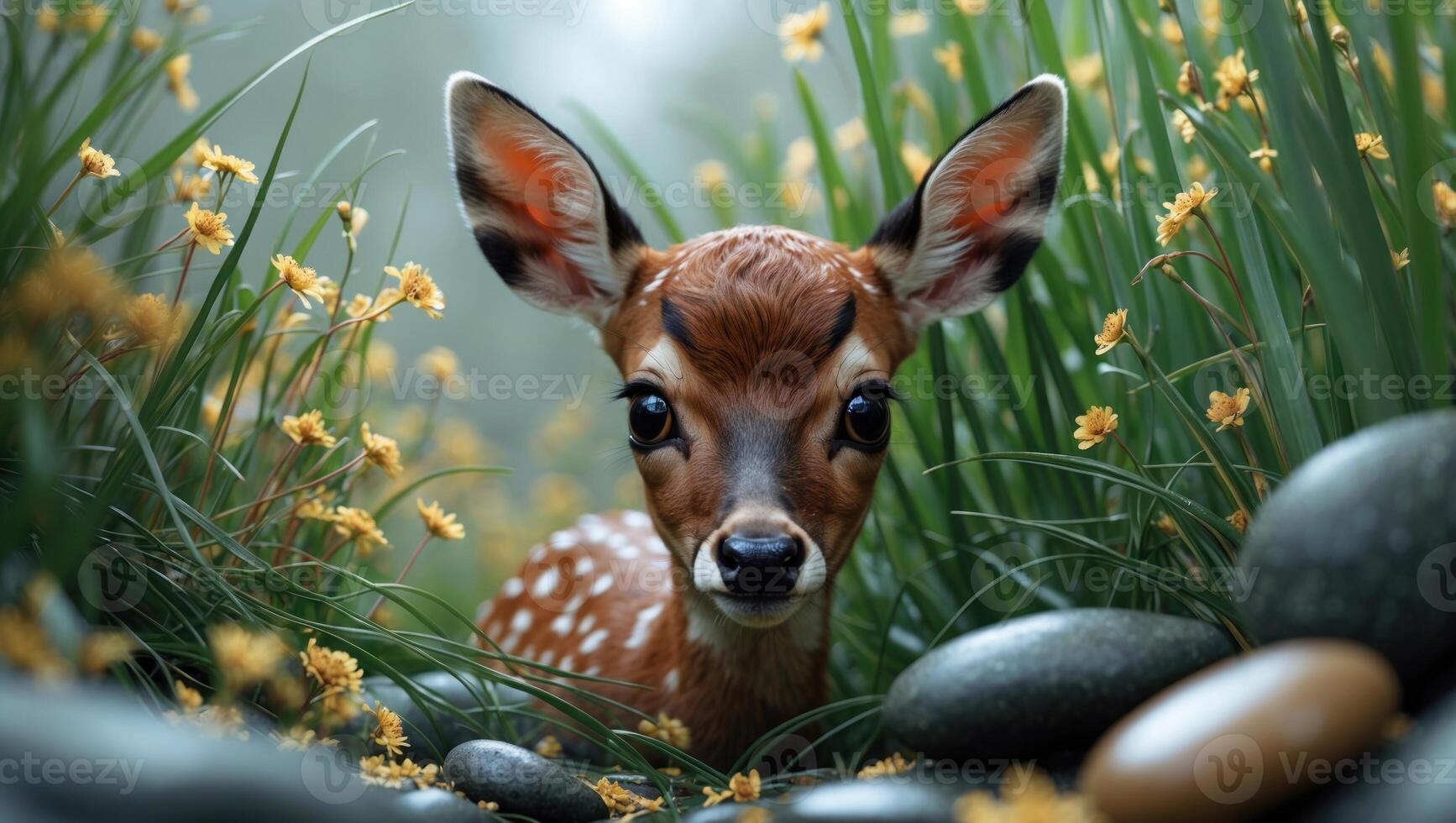A curious fawn peeking through vibrant green grass and yellow flowers near smooth stones in nature photo