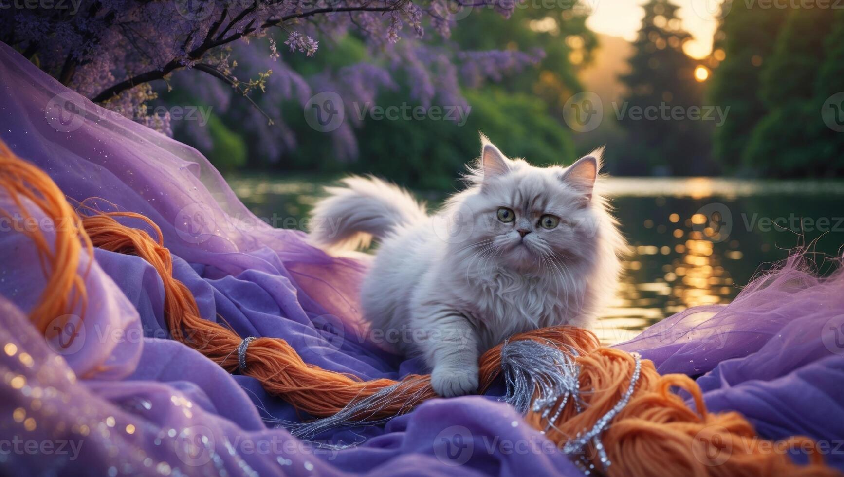 Serene white cat lounging on vibrant purple fabric by a tranquil lake at sunset, surrounded by nature photo