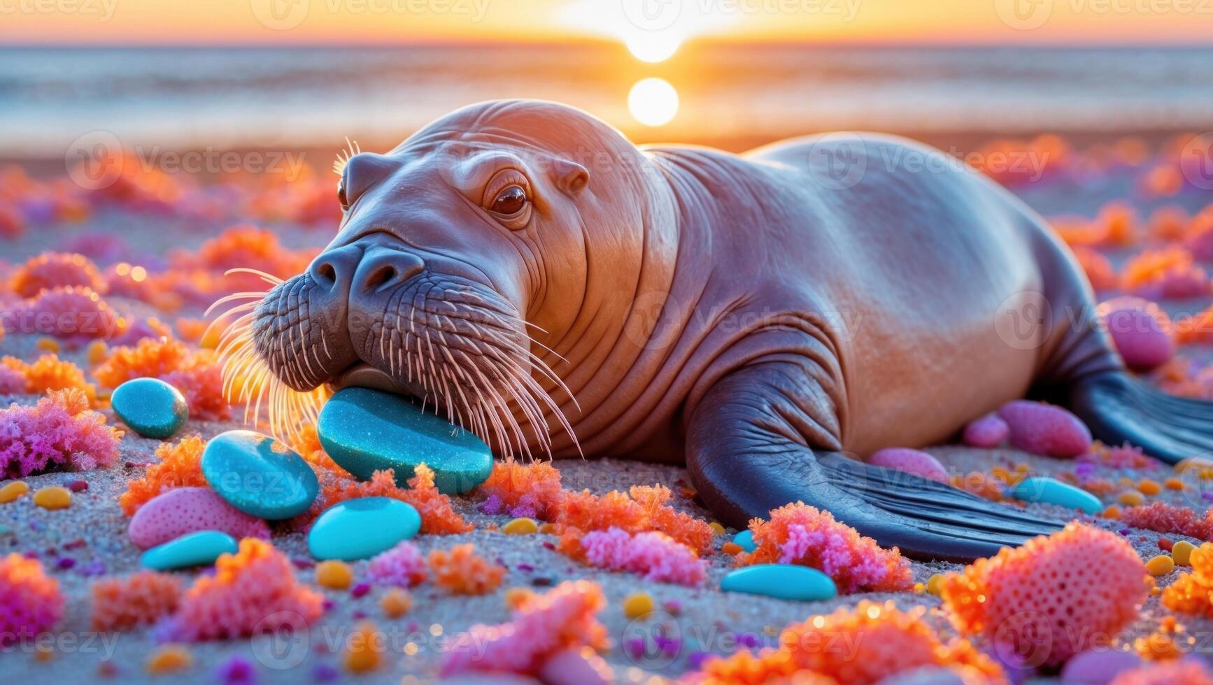 Sea lion resting on a vibrant beach surrounded by colorful stones and starfish at sunset photo