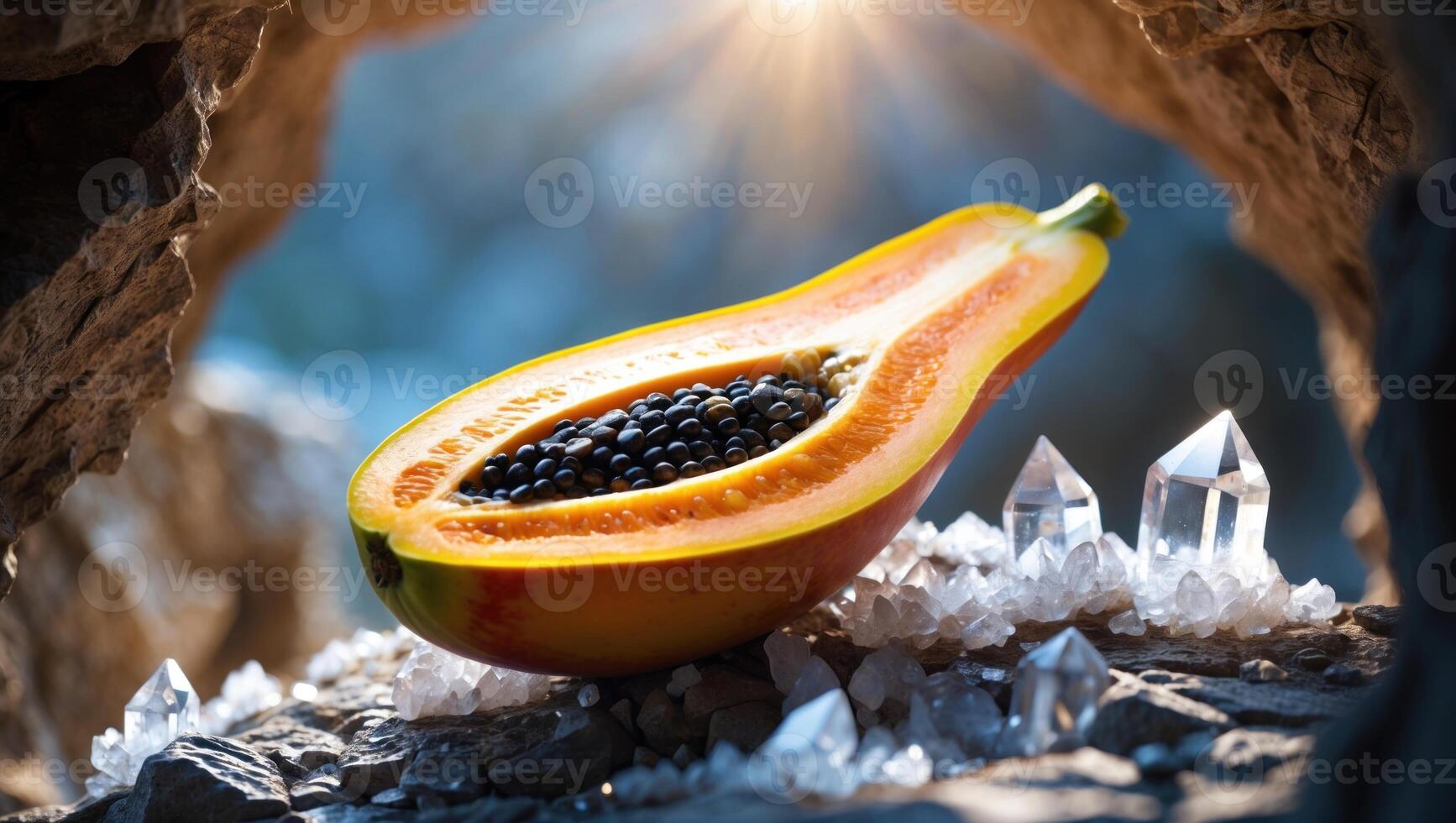 Fresh papaya cut in half revealing black seeds, surrounded by crystals in a natural rocky setting photo