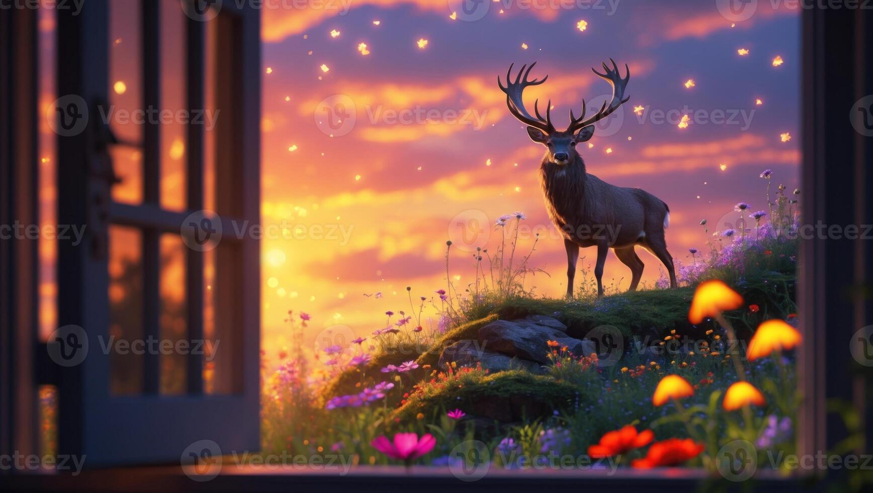 Majestic stag standing in vibrant wildflower field at sunset, viewed through an open window photo