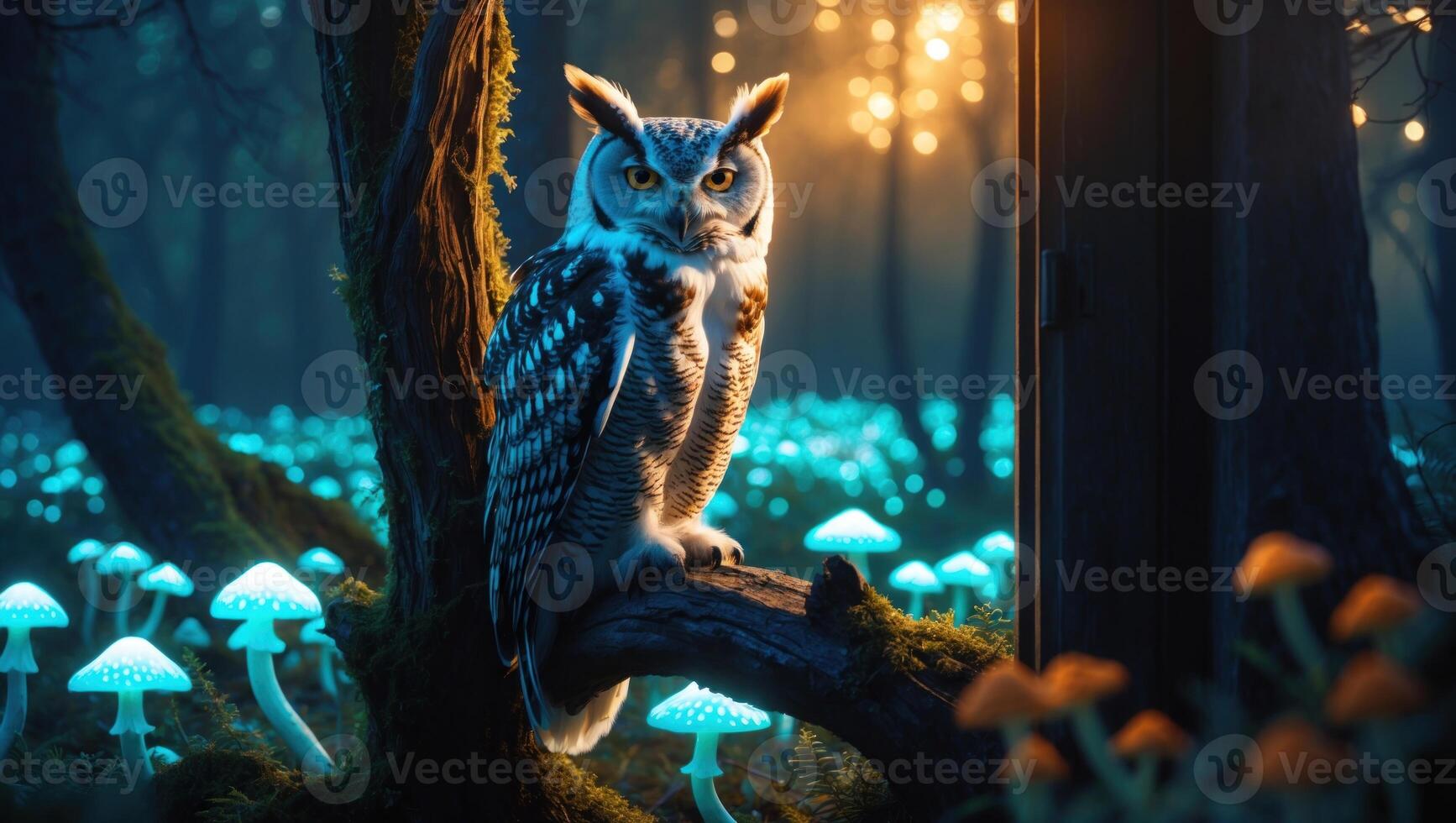 Majestic owl perched on a tree branch in a mystical forest illuminated by glowing mushrooms at dusk photo