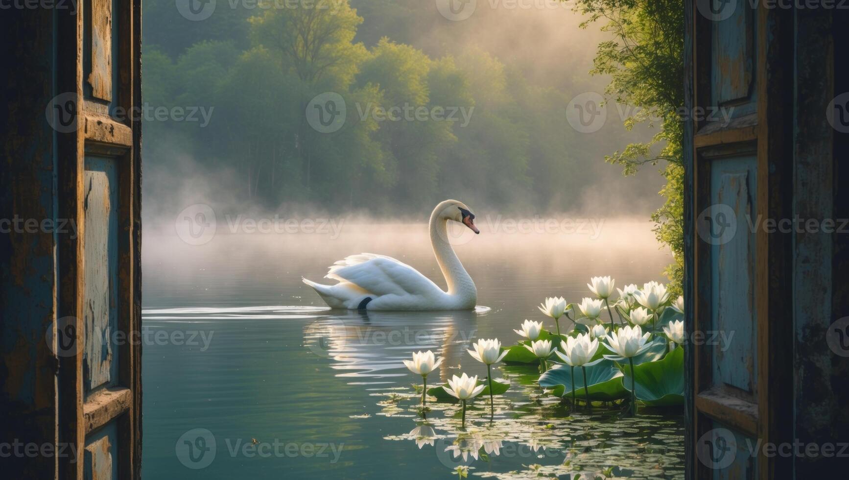 Serene view of a swan gliding through a misty lake surrounded by blooming water lilies at dawn photo