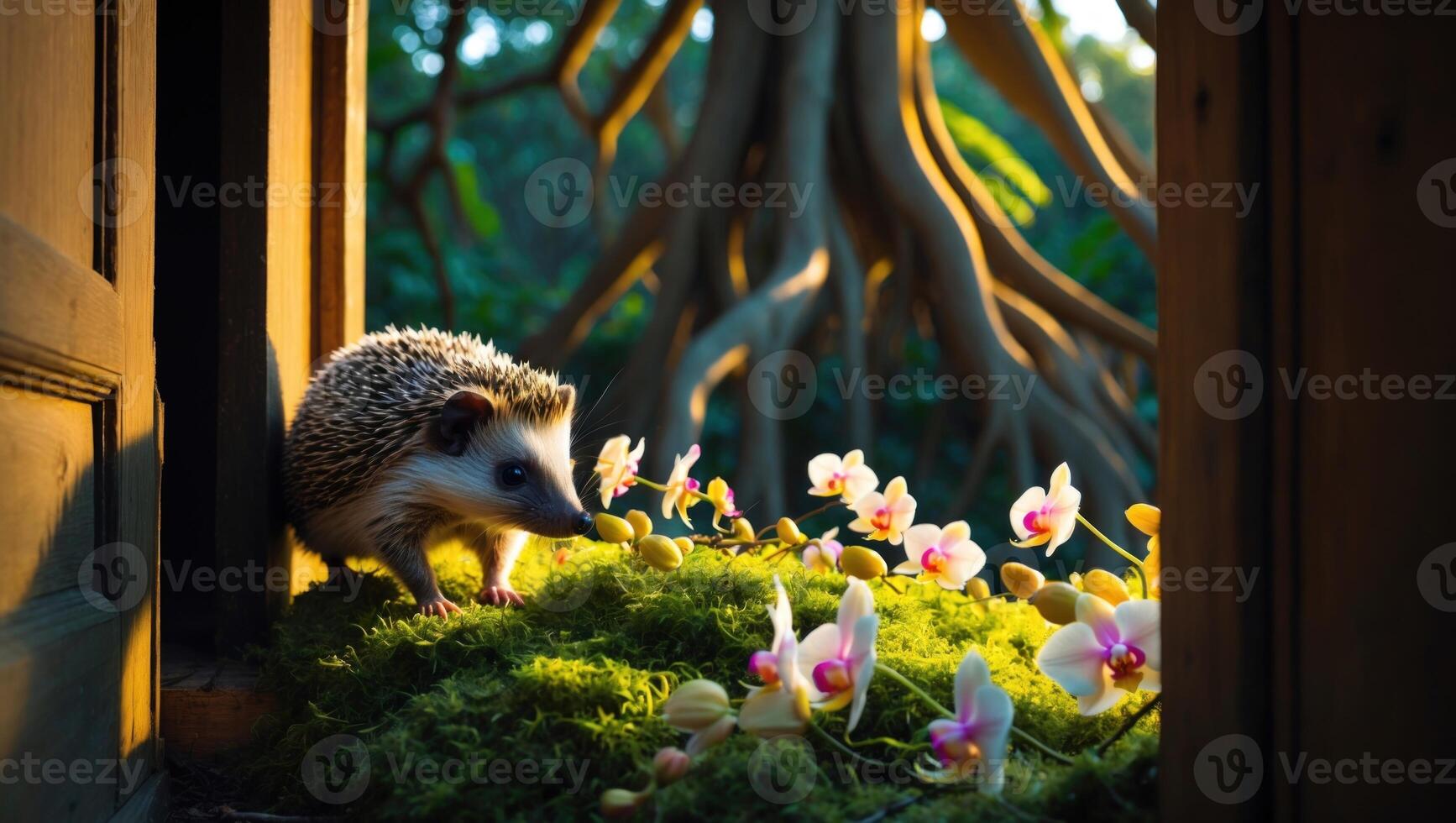 A hedgehog exploring a vibrant garden filled with orchids, framed by an open door in a mystical forest photo