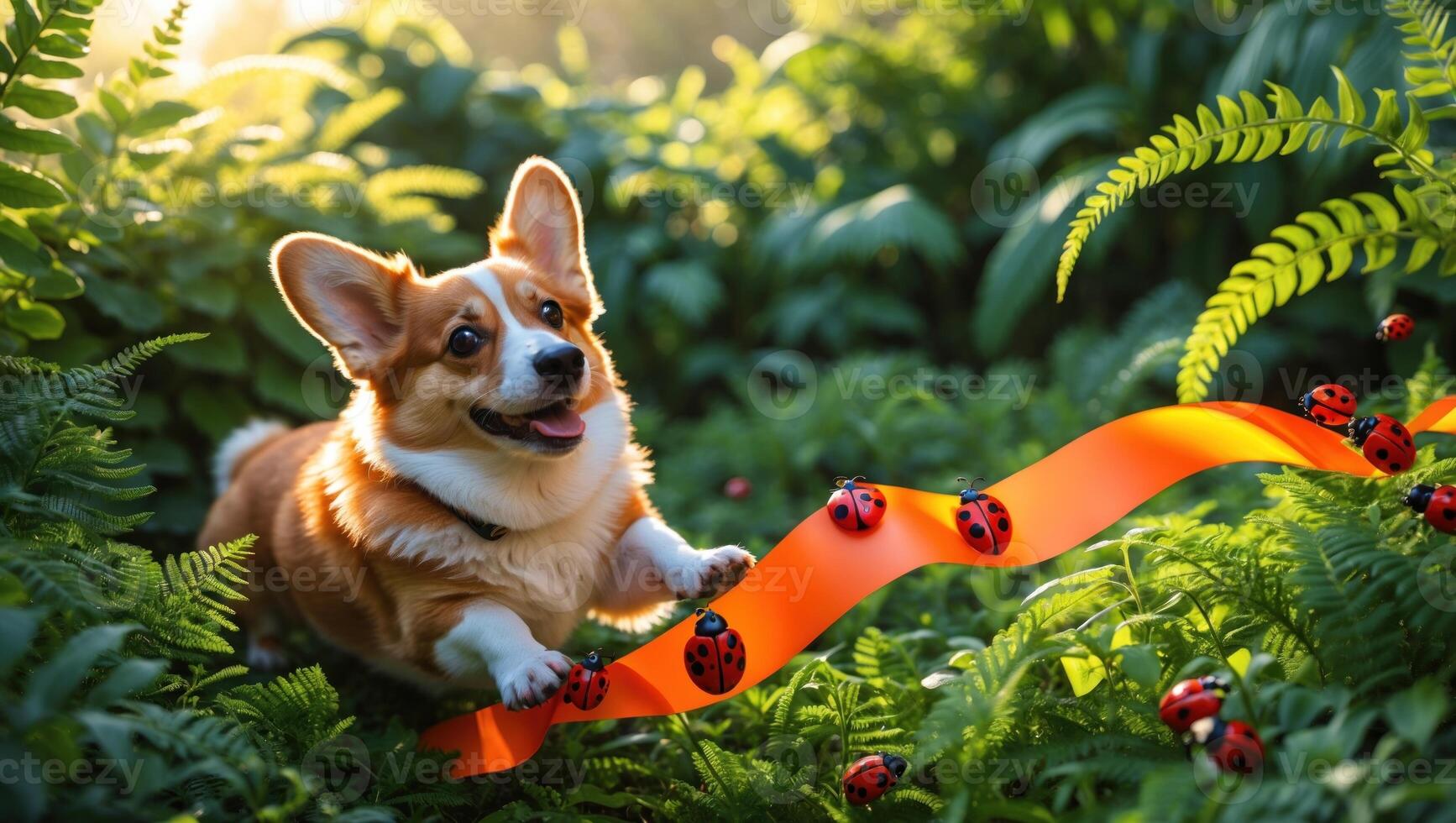 Playful corgi dog joyfully leaps through lush green ferns, with ladybugs and an orange ribbon in the background photo