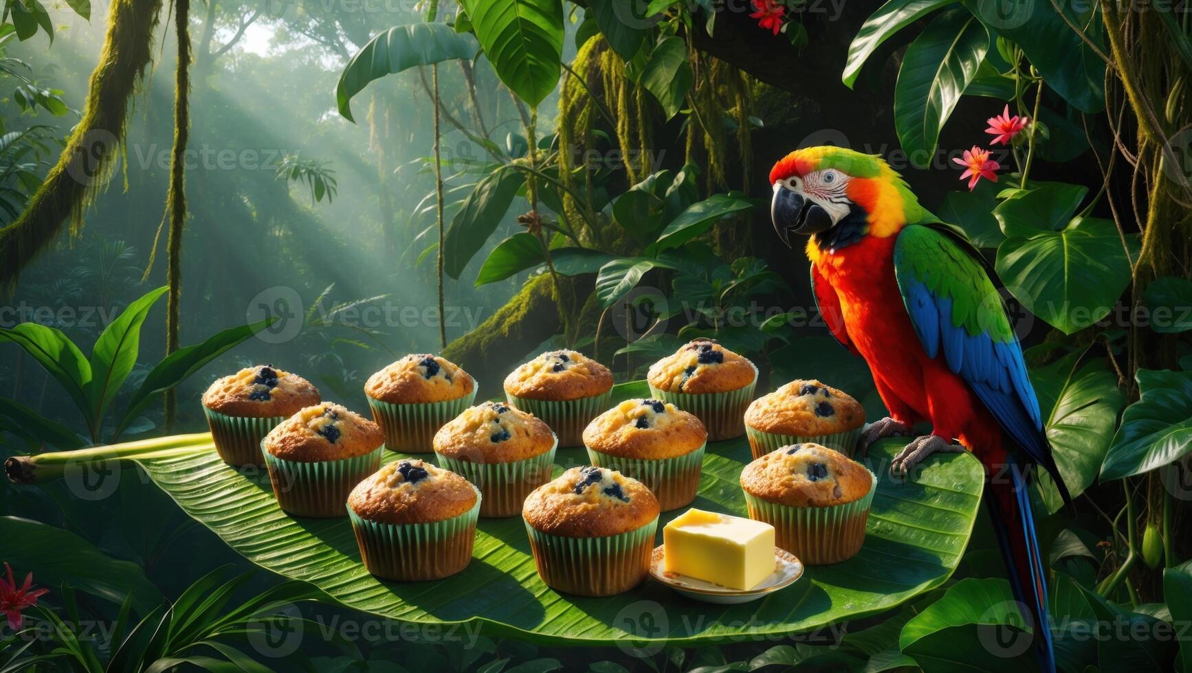 Vibrant parrot perched beside freshly baked blueberry muffins on a tropical leaf in a lush jungle photo