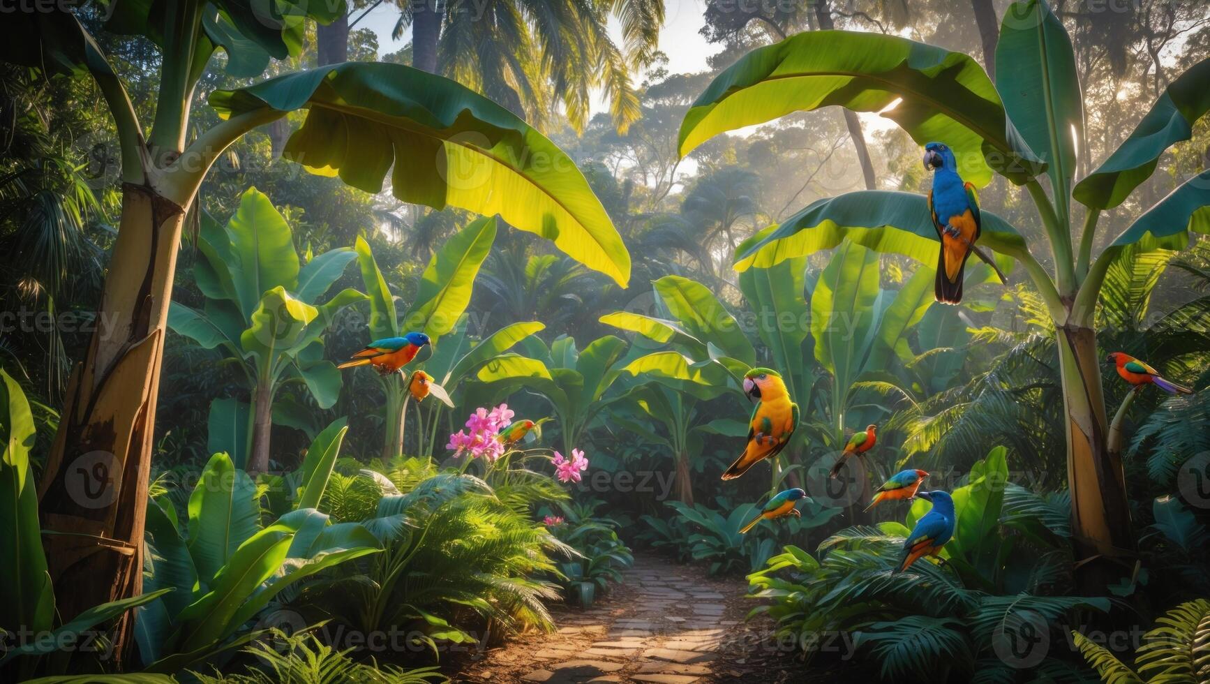 Vibrant tropical scene showcasing colorful birds amidst lush greenery and blooming orchids in a serene jungle photo