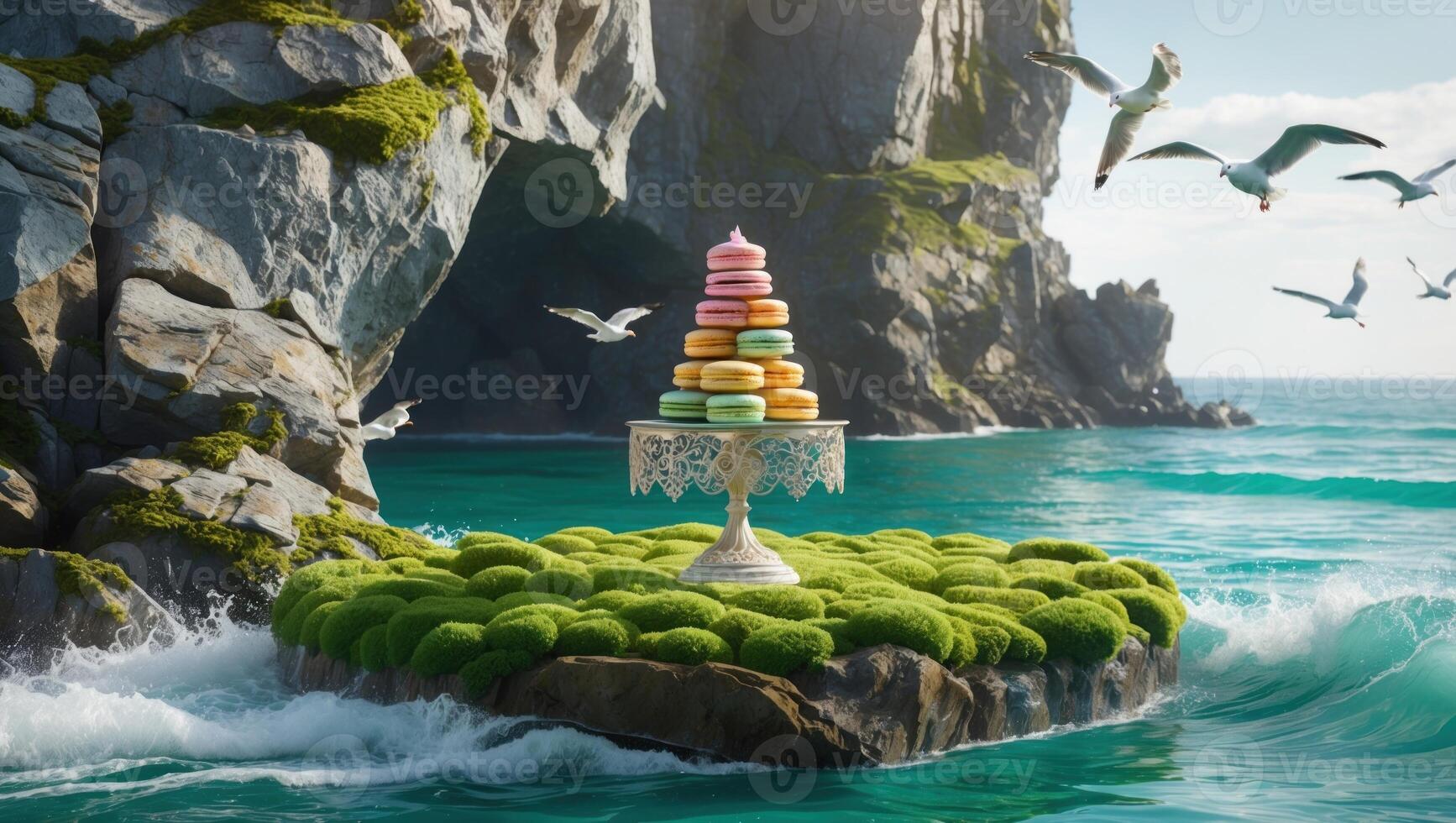 Colorful macarons arranged on a decorative stand atop a mossy rock in a serene coastal landscape photo