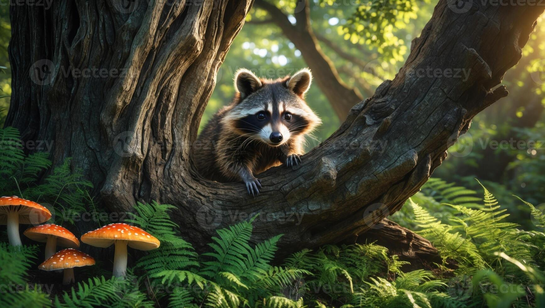 A raccoon perched on a moss-covered tree branch amidst lush greenery and vibrant mushrooms nearby photo