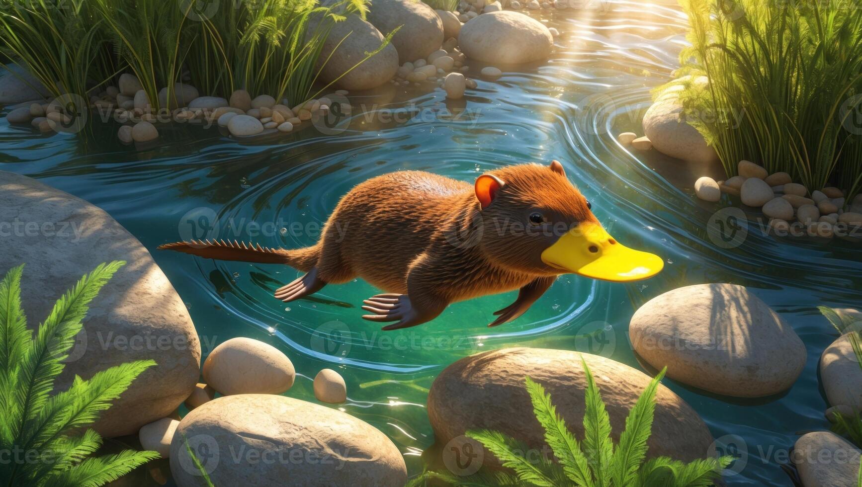 A whimsical scene featuring a playful creature with a duck bill swimming in a sunlit stream surrounded by lush greenery photo