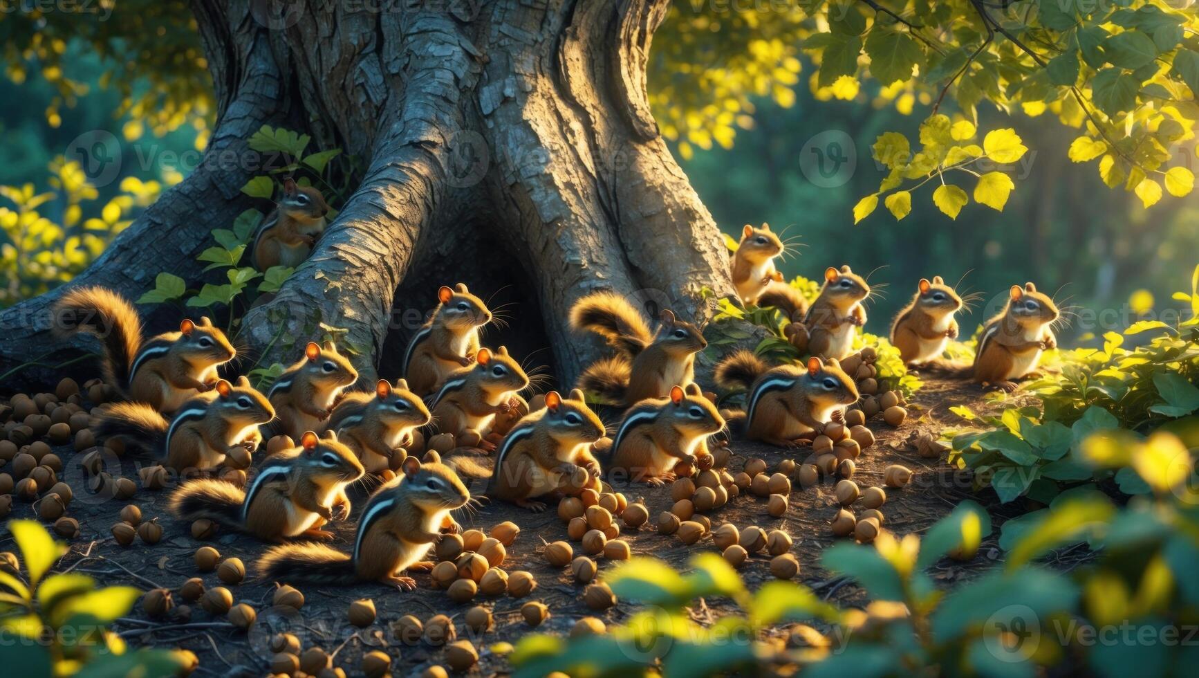 A group of playful squirrels gathering acorns around a large tree in a sunlit forest setting photo