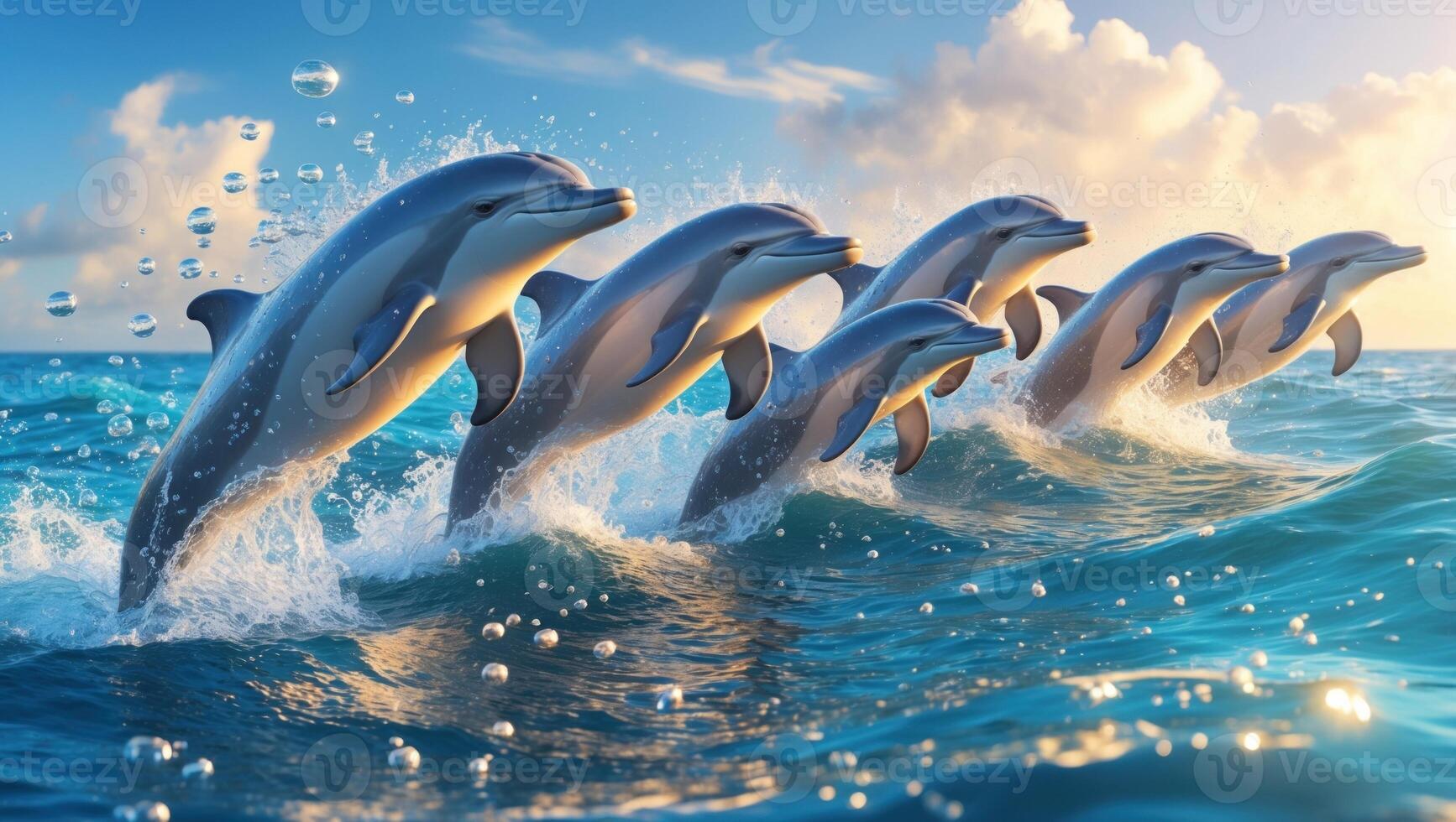 A pod of dolphins leaps joyfully over the ocean waves during sunset, creating a vibrant scene photo