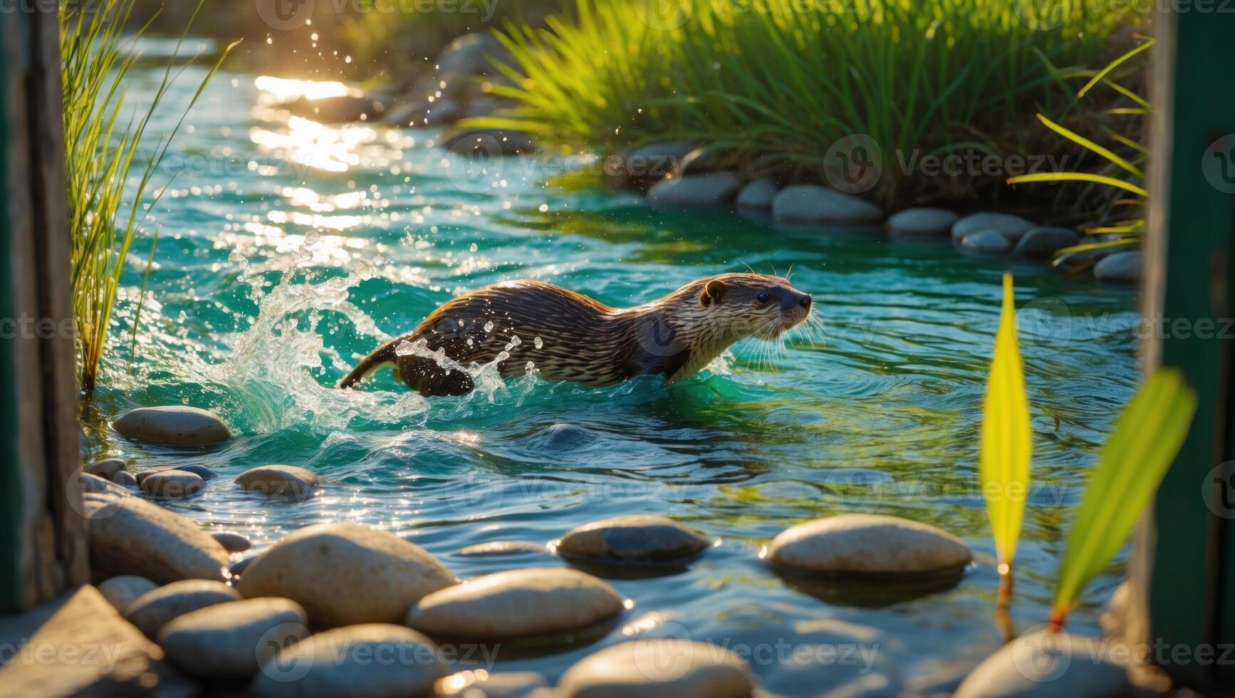 Playful otter swimming through a serene stream surrounded by lush greenery and smooth stones photo