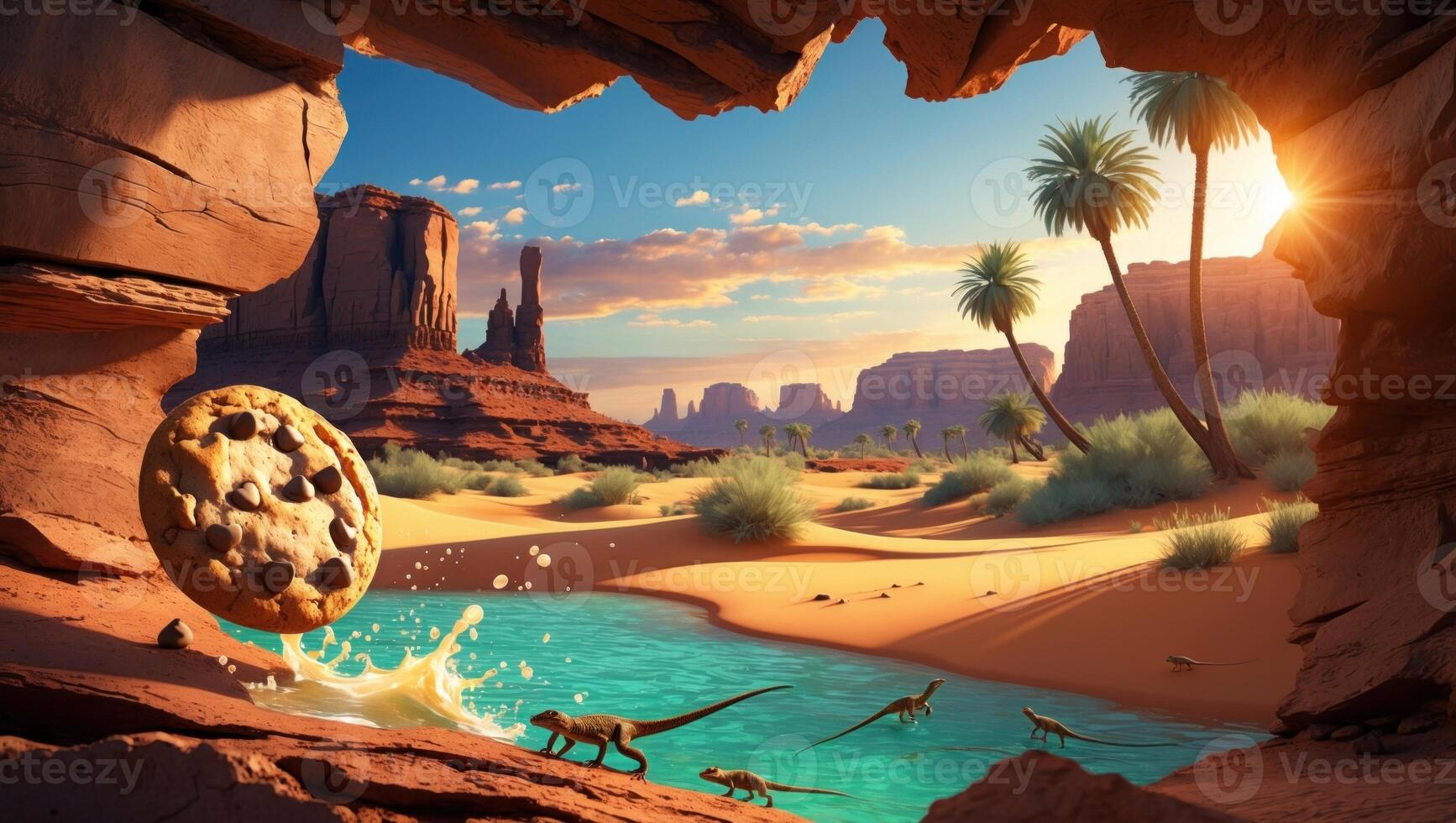 A whimsical desert scene featuring a giant cookie splashing into a serene river, with dinosaurs in the background photo