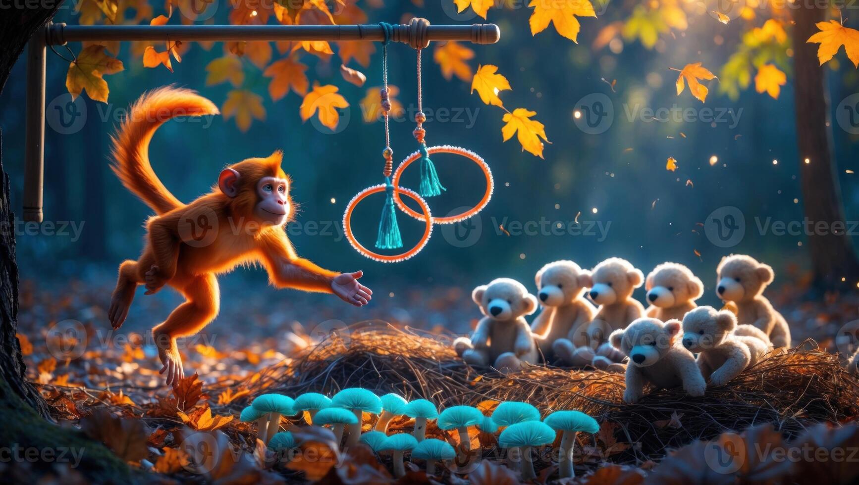 Playful monkey interacts with plush bears in a vibrant autumn forest, showcasing a whimsical scene photo