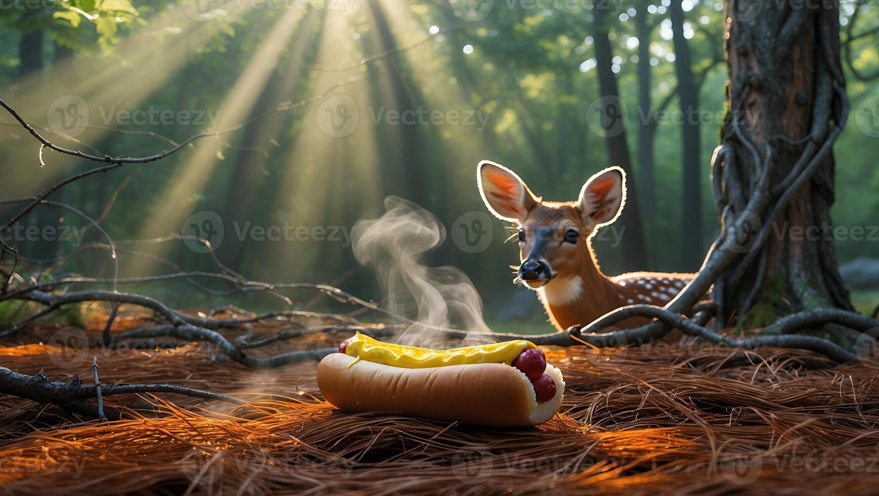 A curious fawn approaches a steaming hot dog in a serene forest setting with sun rays filtering through trees photo