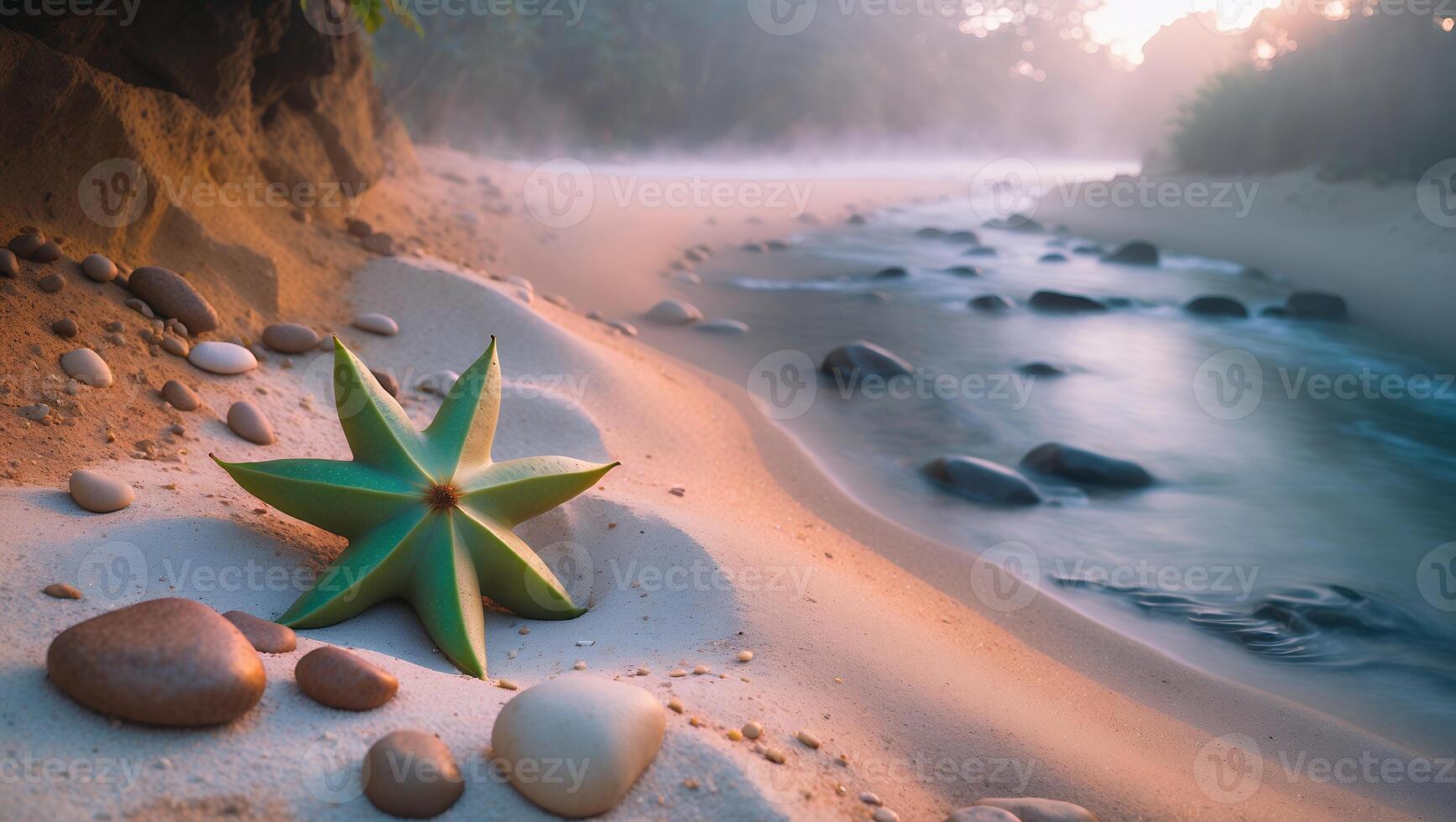 Tranquil riverbank scene at dawn with a green plant and pebbles on sandy shore, misty background photo