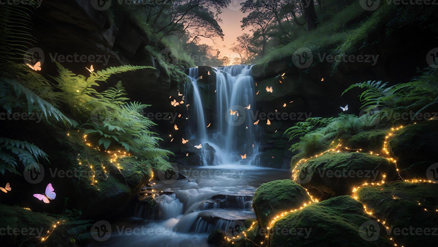 Serene waterfall surrounded by lush greenery and butterflies, illuminated by twinkling lights at dusk photo