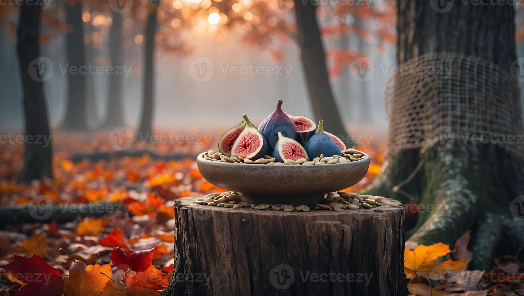 A rustic bowl of fresh figs on a wooden stump surrounded by autumn leaves in a misty forest photo