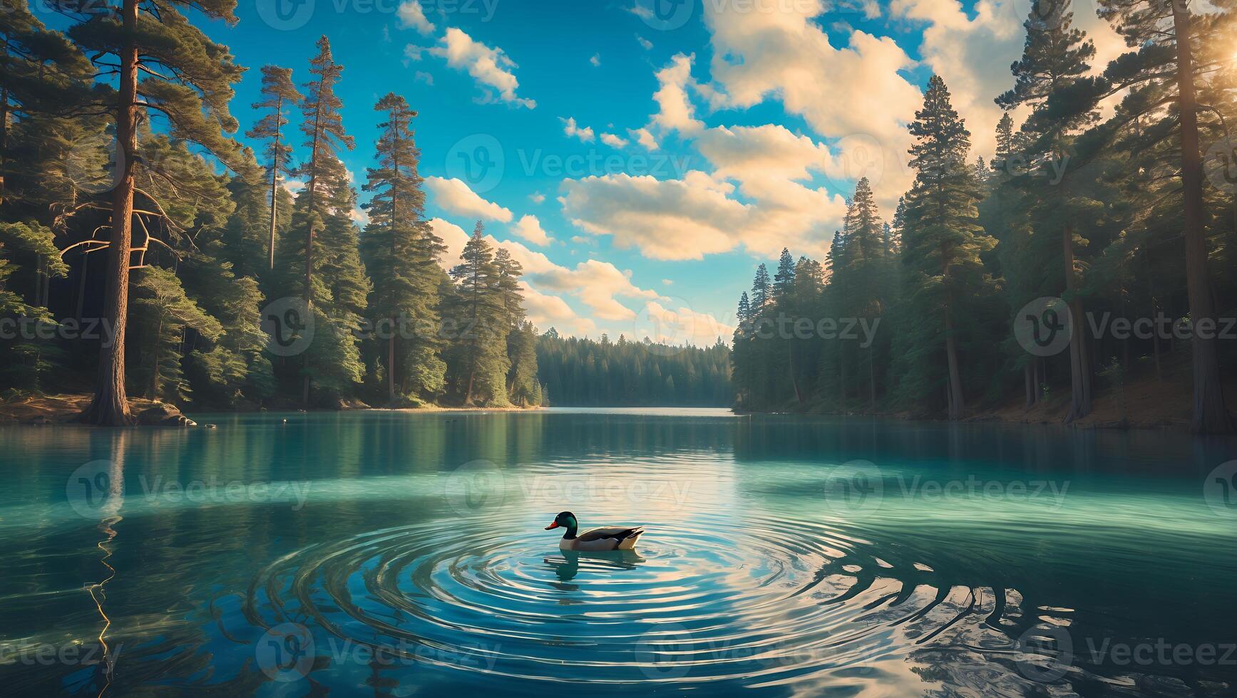 Serene lake scene with a duck creating ripples, surrounded by lush trees and a vibrant sky photo