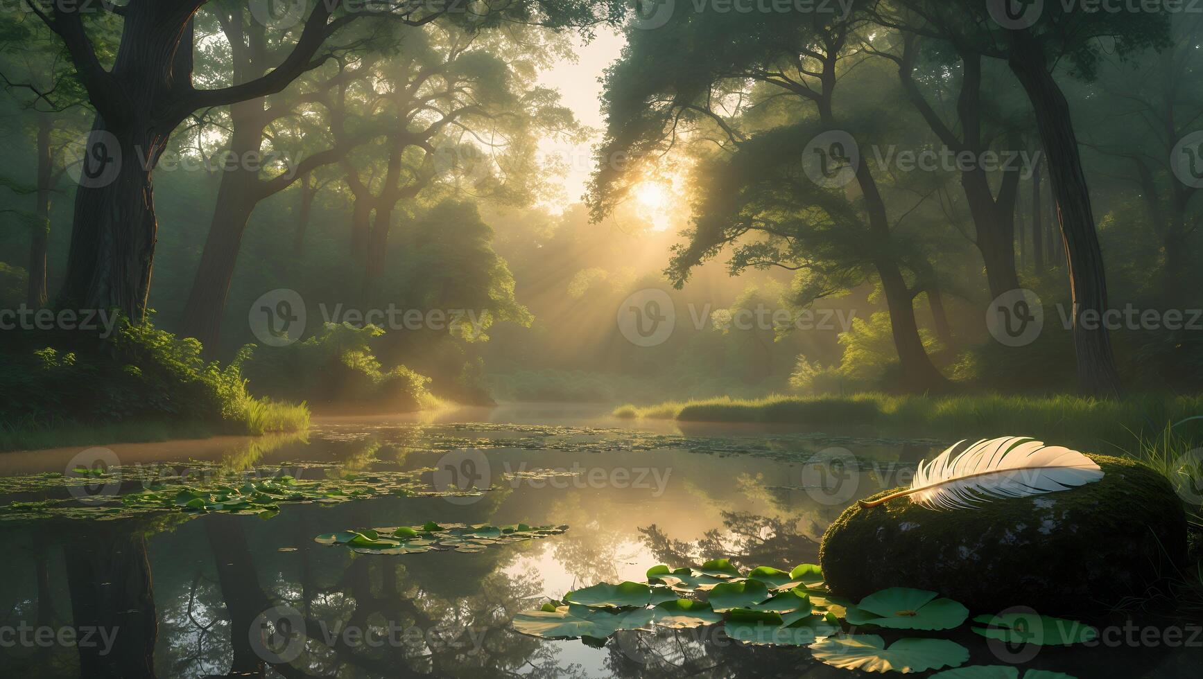 Serene forest landscape with sun rays illuminating a tranquil pond surrounded by lush greenery photo