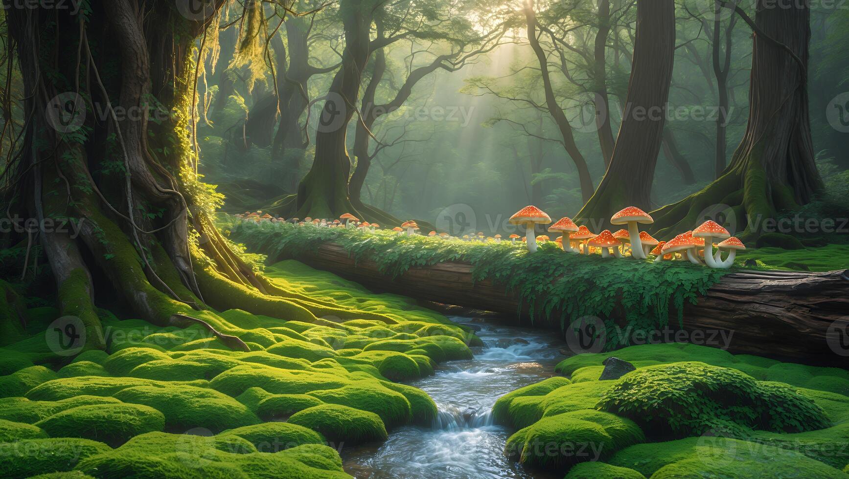 Enchanted forest with vibrant mushrooms and a serene stream, sunlight filtering through trees photo