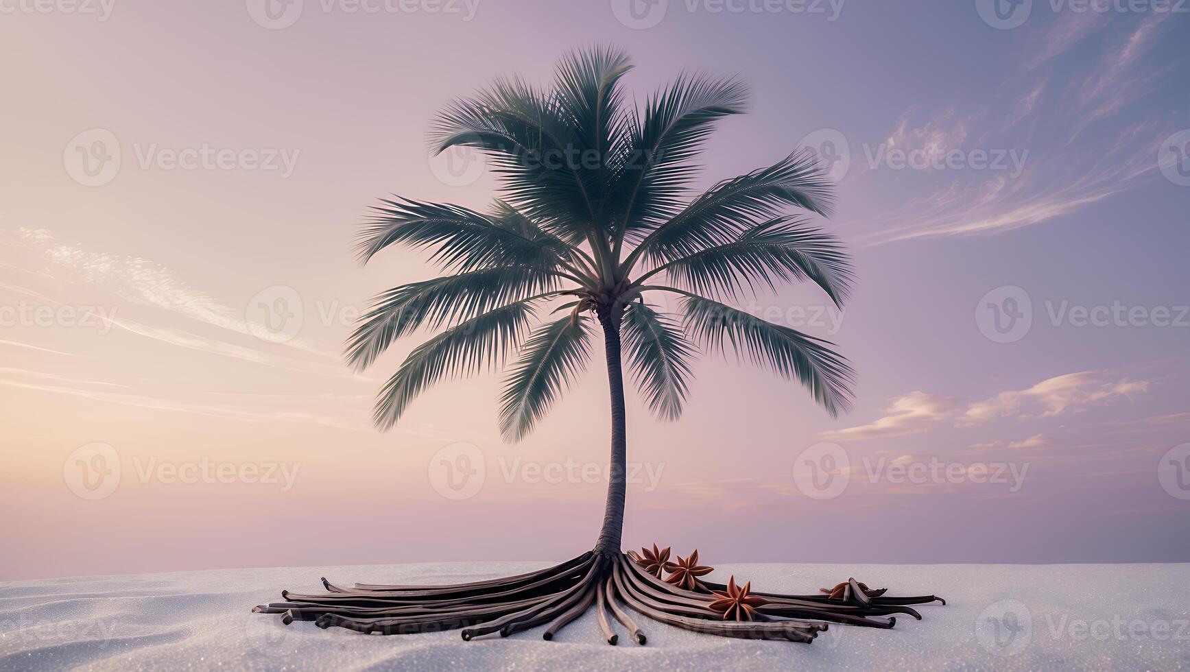 A serene sunset view of a palm tree on a sandy beach with starfish scattered around its roots photo
